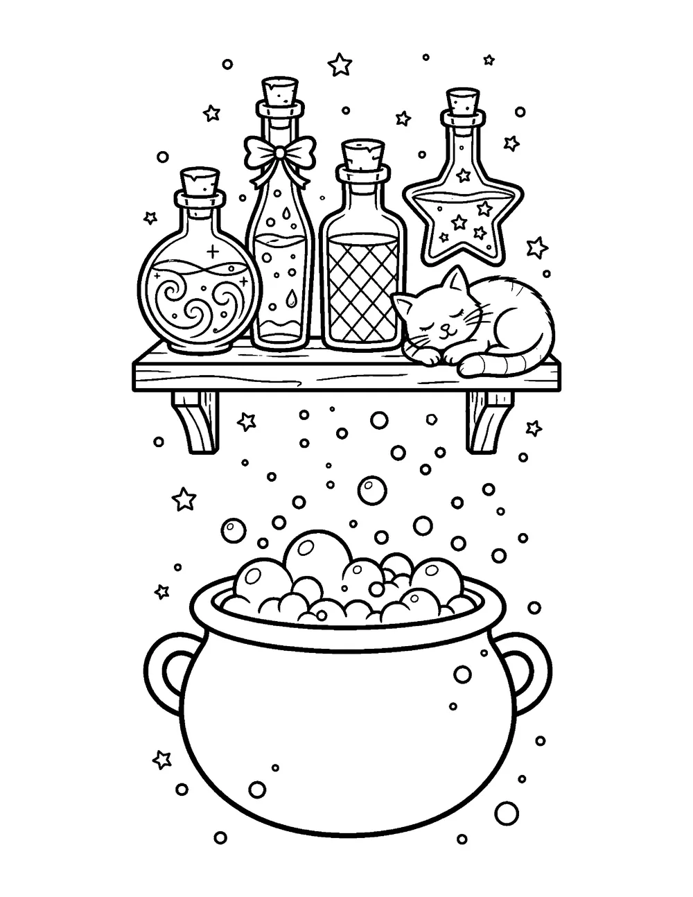 Free printable Witch's Kitchen Shelf Halloween coloring page for kids