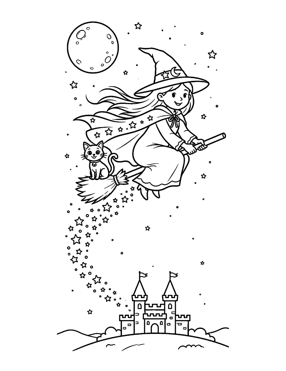 Free printable Witch's Night Flight Halloween coloring page for kids