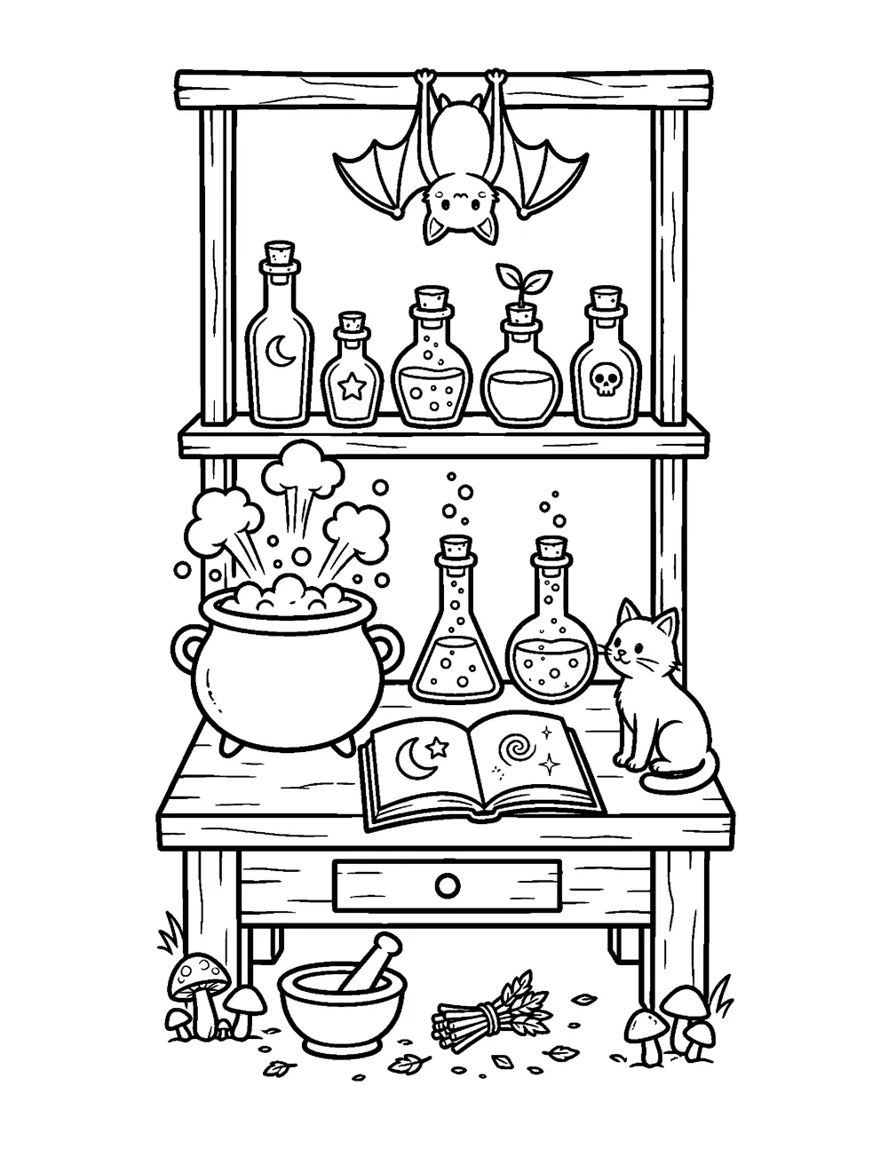 Free printable Witch's Potion Lab Halloween coloring page for kids