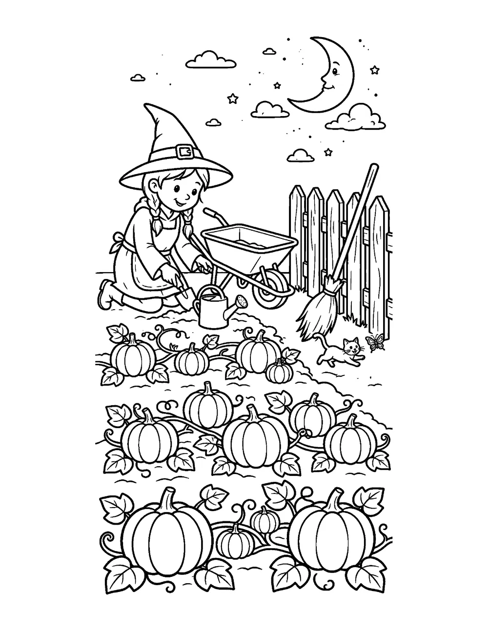 Free printable Witch's Pumpkin Patch Halloween coloring page for kids