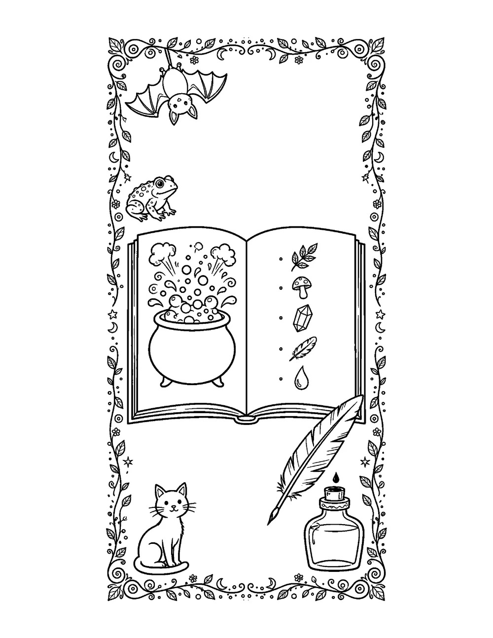 Free printable Witch's Spell Book Halloween coloring page for kids