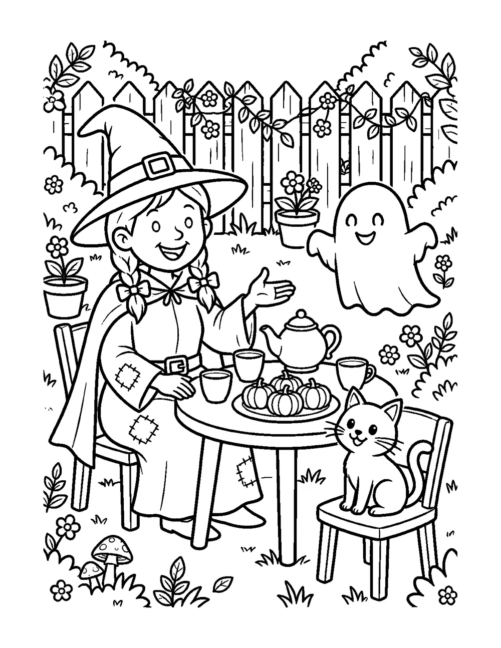 Free printable Witch's Tea Party Halloween coloring page for kids