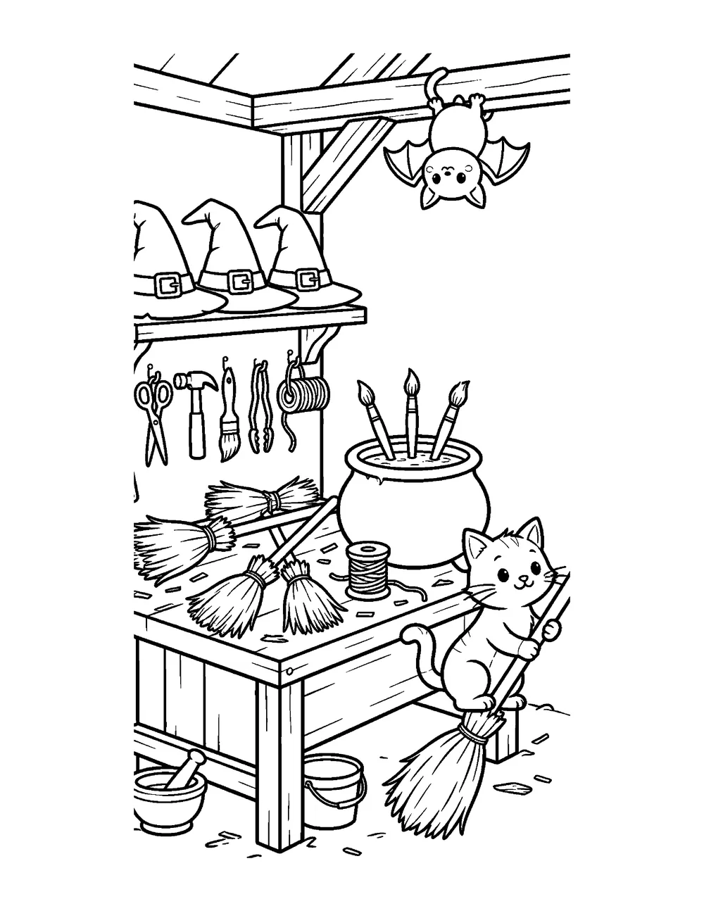 Free printable Witch's Workshop Halloween coloring page for kids