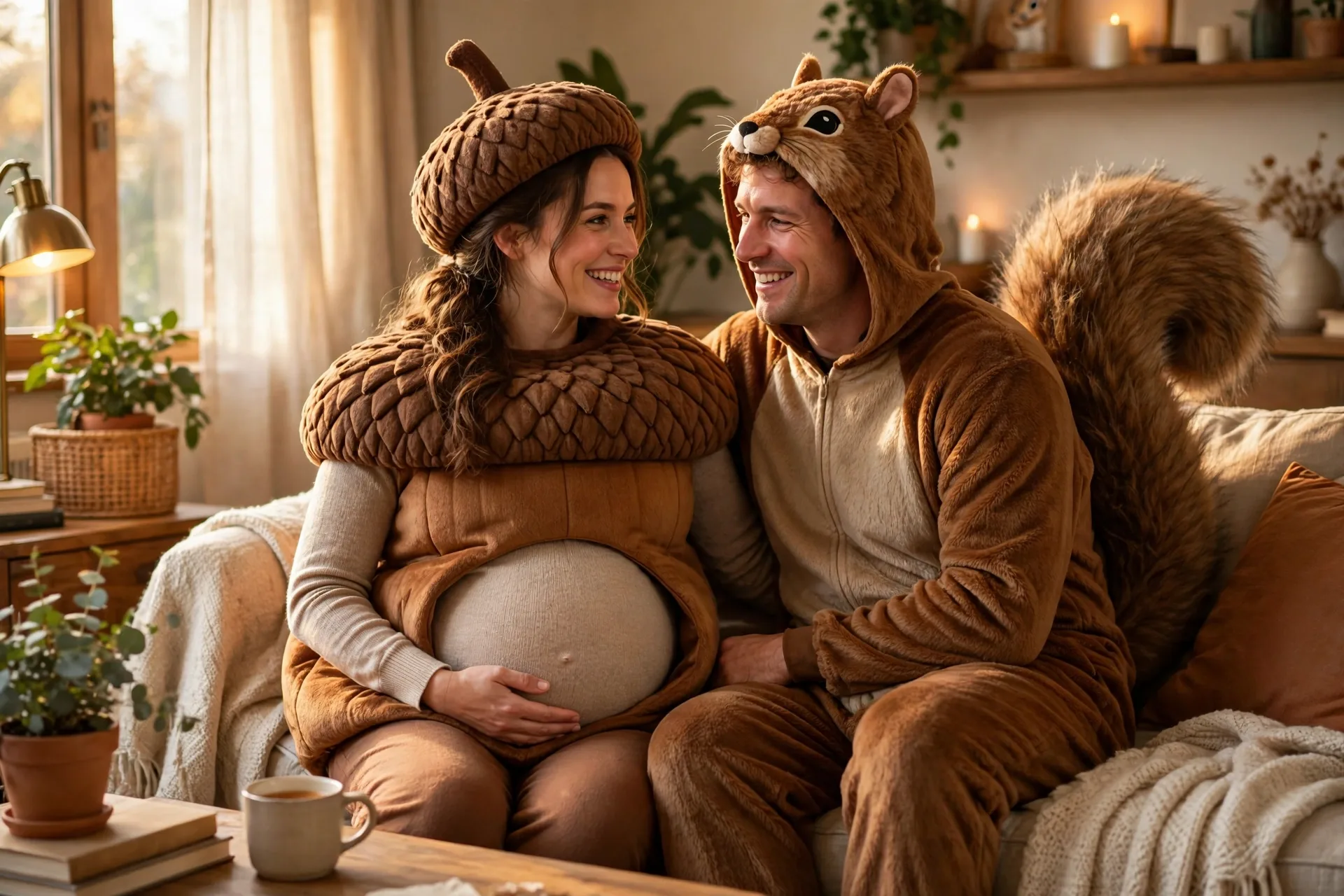 A pregnant woman as a giant acorn with her partner dressed as a squirrel with a bushy tail