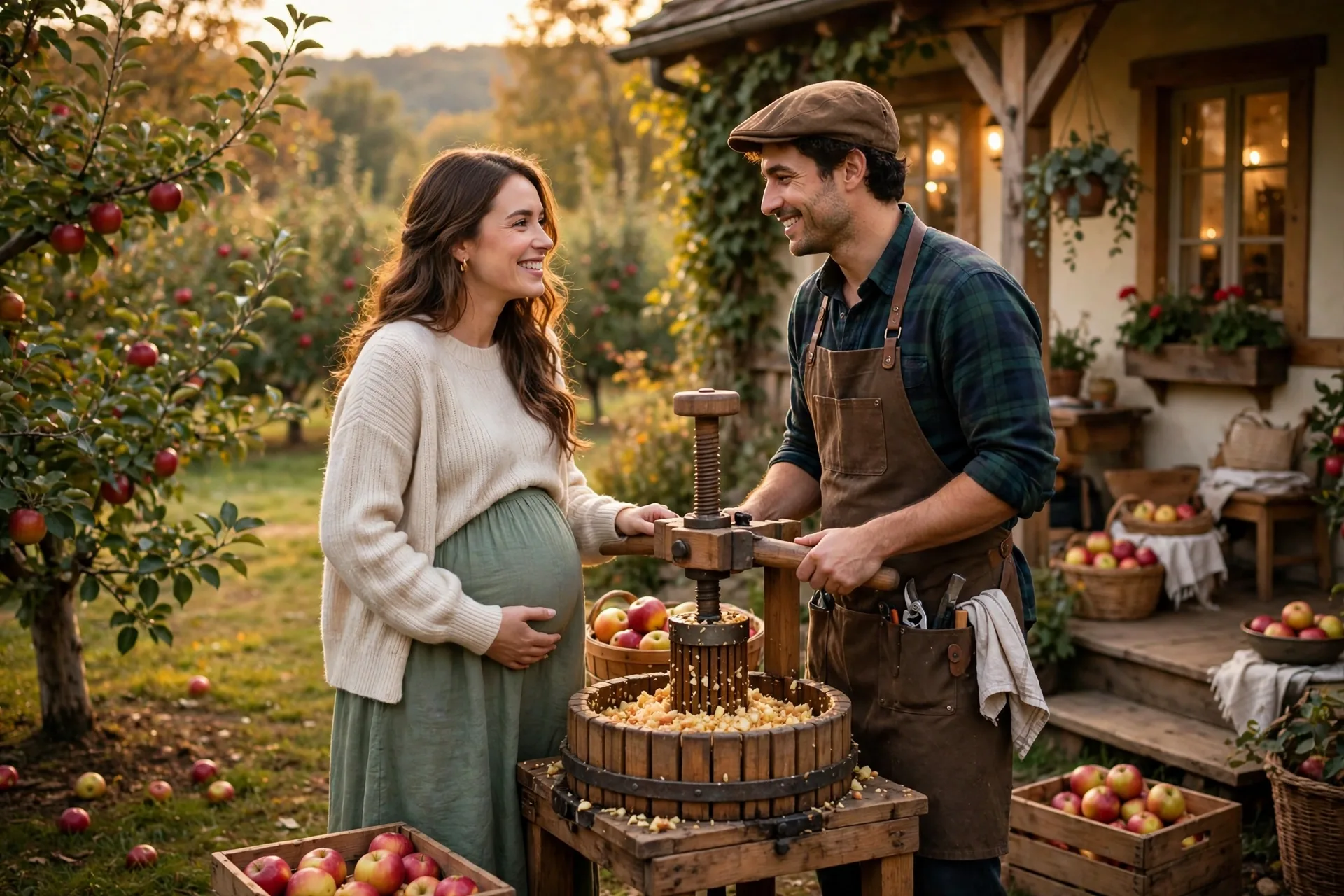 A pregnant woman as an apple orchard with her partner dressed as a cider maker with a press