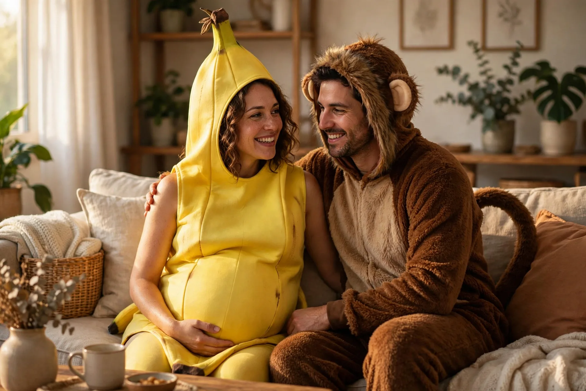 A pregnant woman as a banana with her partner dressed as a monkey with a tail and ears