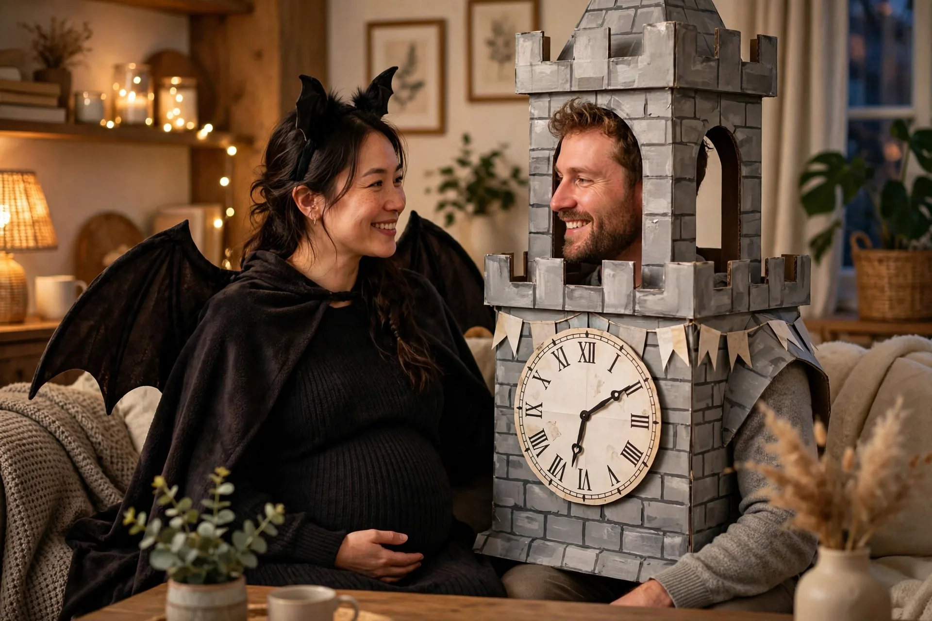 A pregnant woman as a bat with her partner dressed as a bell tower with a paper clock face