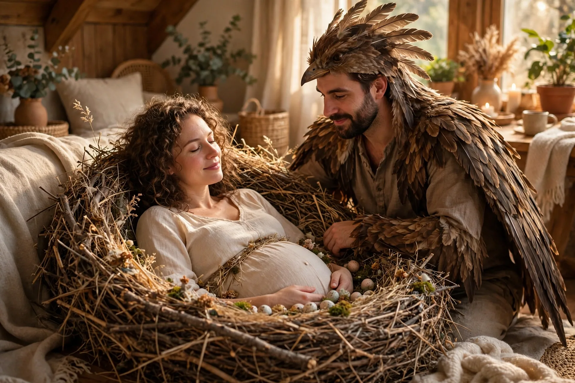 A pregnant woman as a bird's nest with her partner dressed as a mama bird with feathered wings