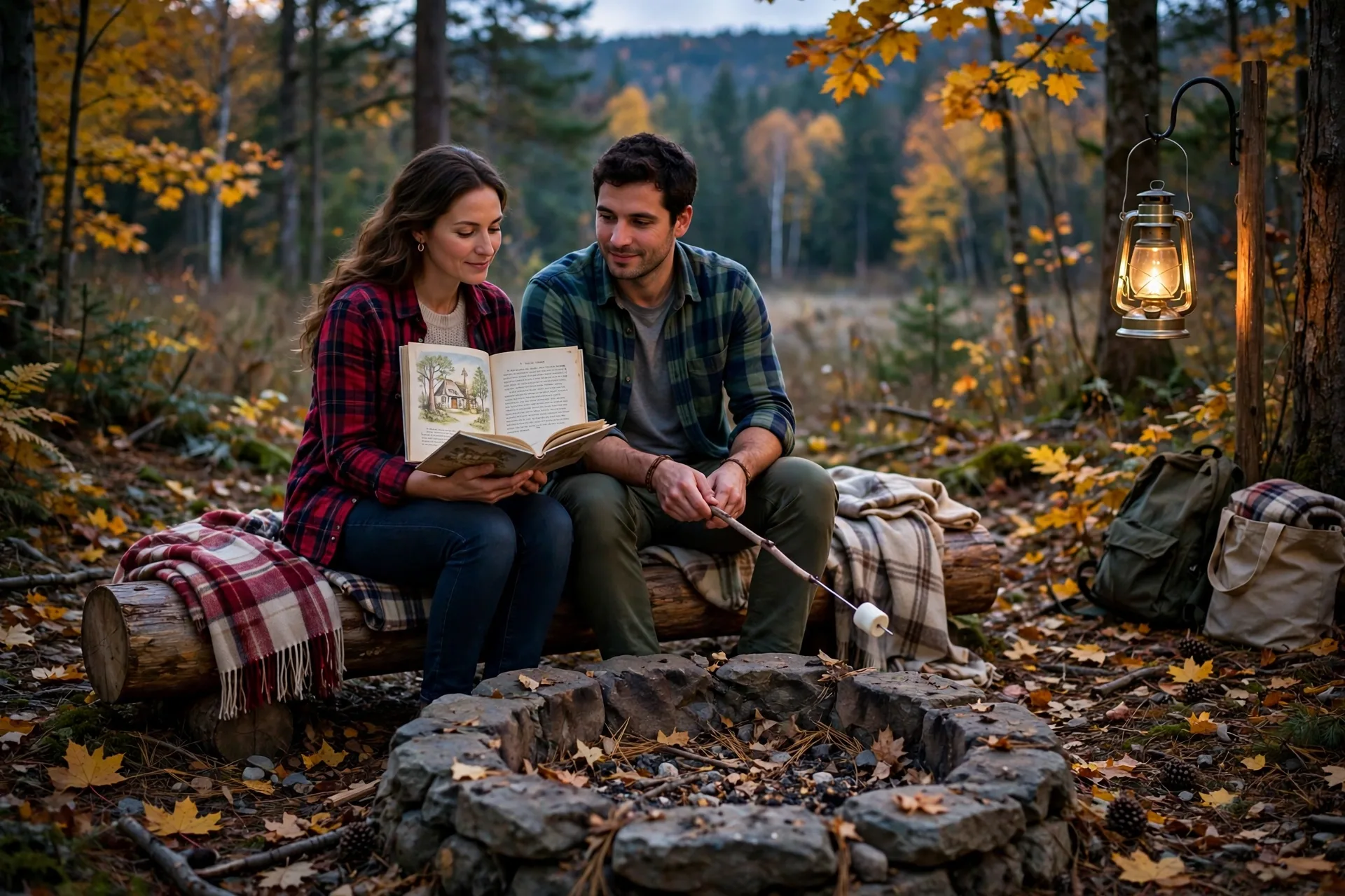 A couple in flannel by an unlit stone fire pit at dusk, the woman reading a storybook while the man holds a marshmallow stick