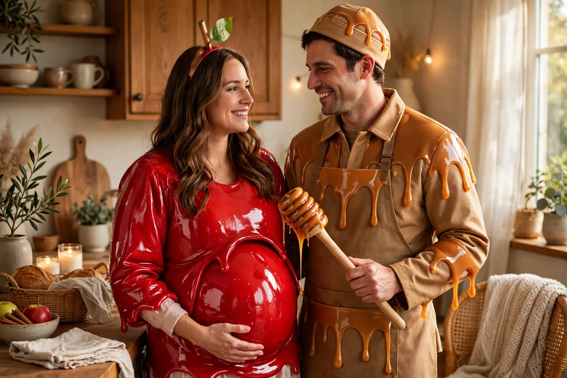 A pregnant woman as a shiny red candy apple with her partner dressed as a caramel dipper
