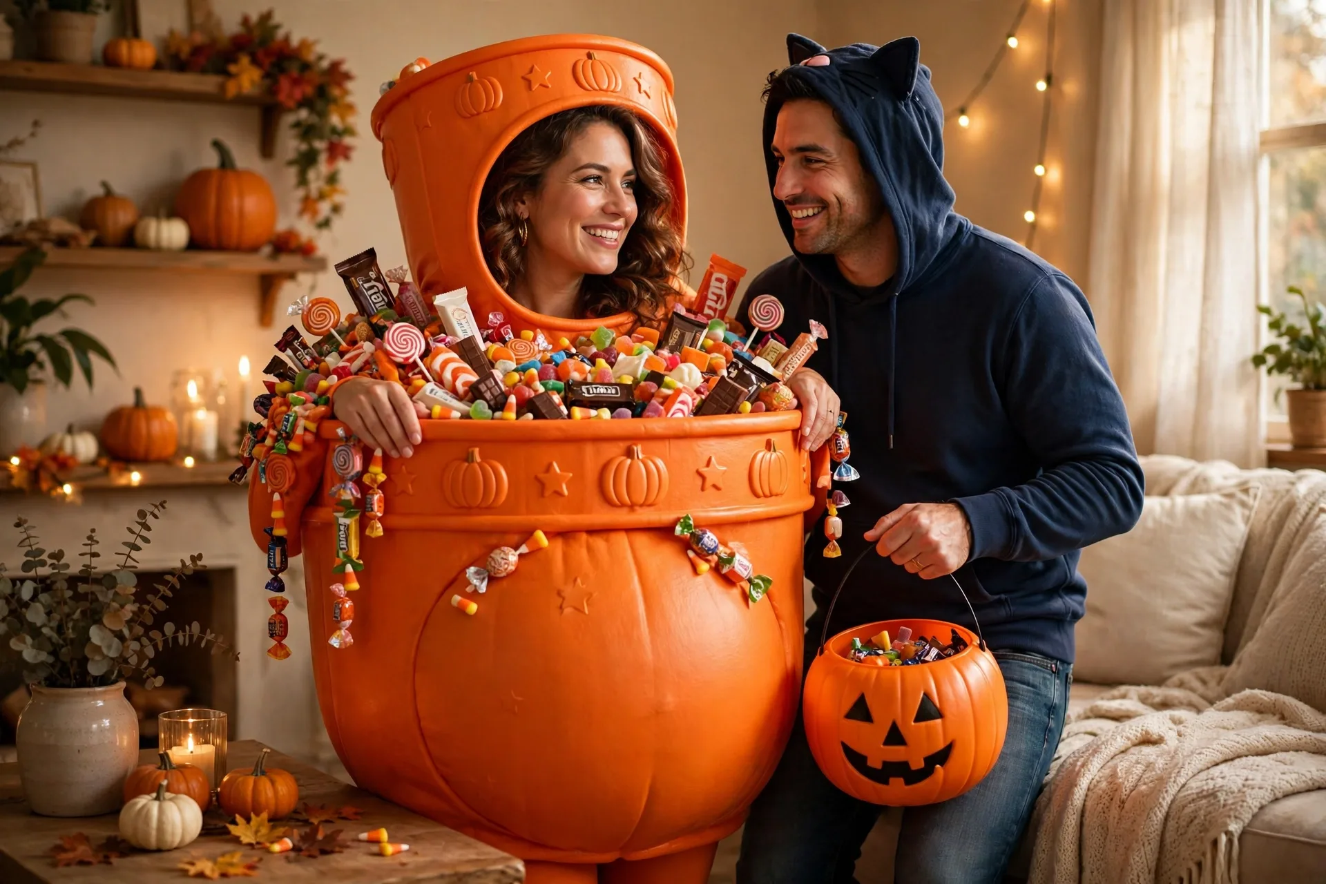 A pregnant woman as a candy bucket overflowing with sweets with her partner as a trick-or-treater