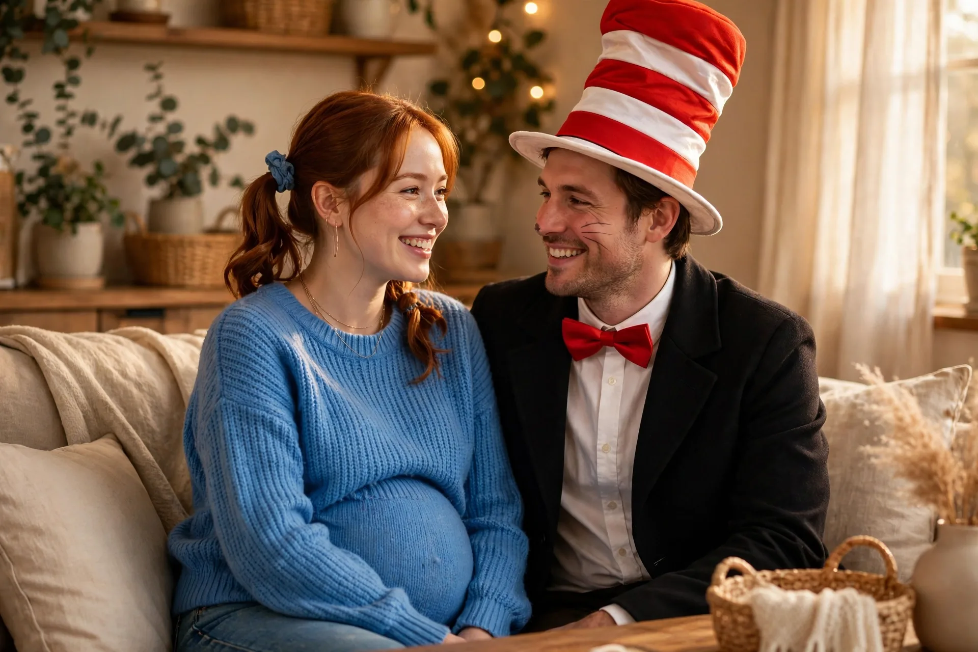 A pregnant woman as Thing 1 with her partner as the Cat in the Hat with a tall striped hat