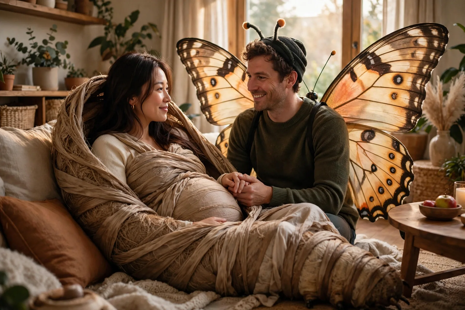 A pregnant woman as a caterpillar cocoon with her partner dressed as a butterfly with big wings
