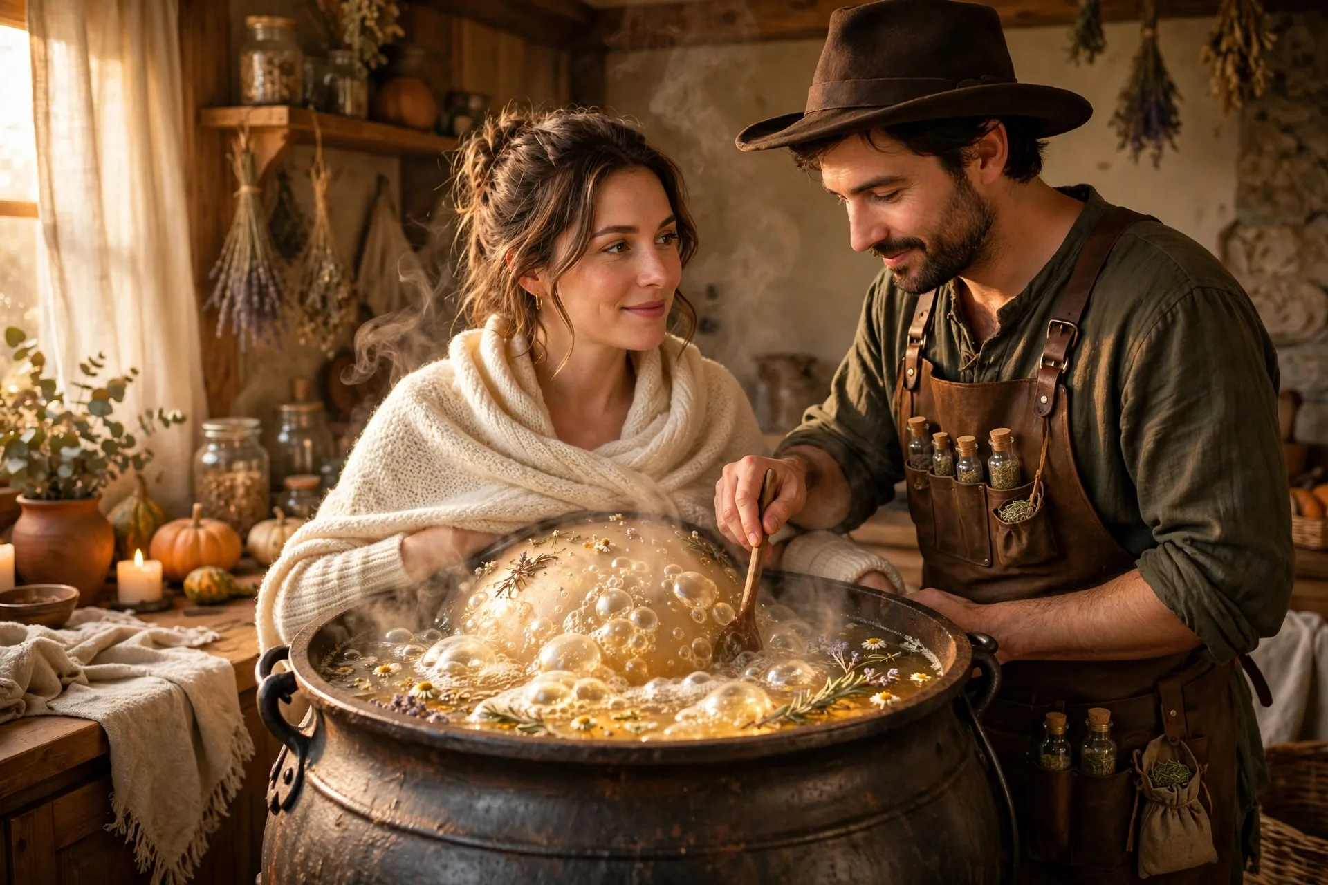 A pregnant woman as a bubbling cauldron with her partner dressed as a potion maker stirring