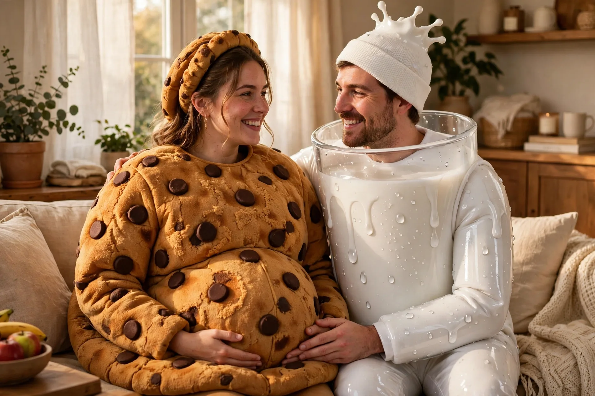 A pregnant woman as a giant chocolate chip cookie with her partner dressed as a glass of milk