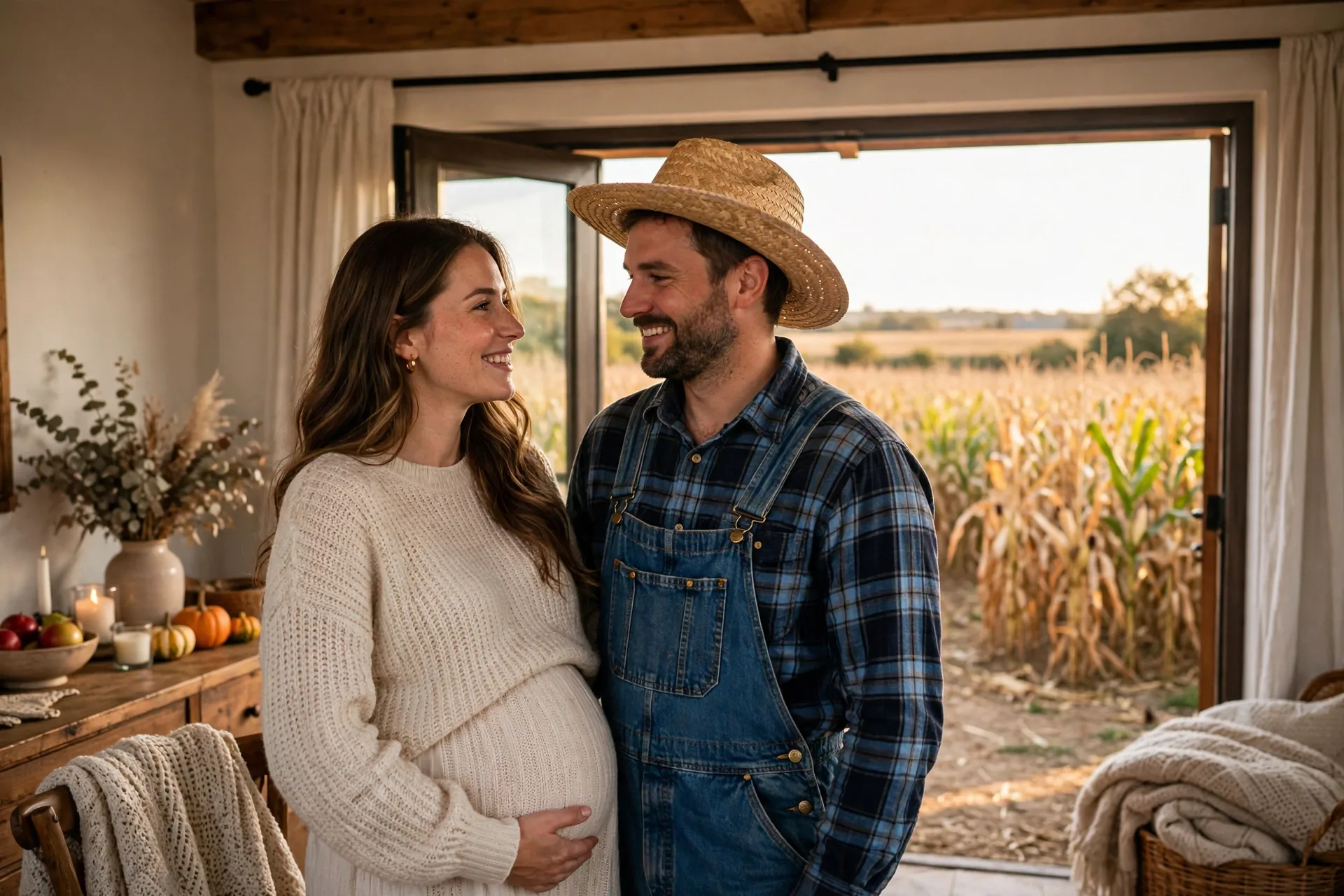 A pregnant woman as a corn maze with her partner dressed as a farmer with a straw hat