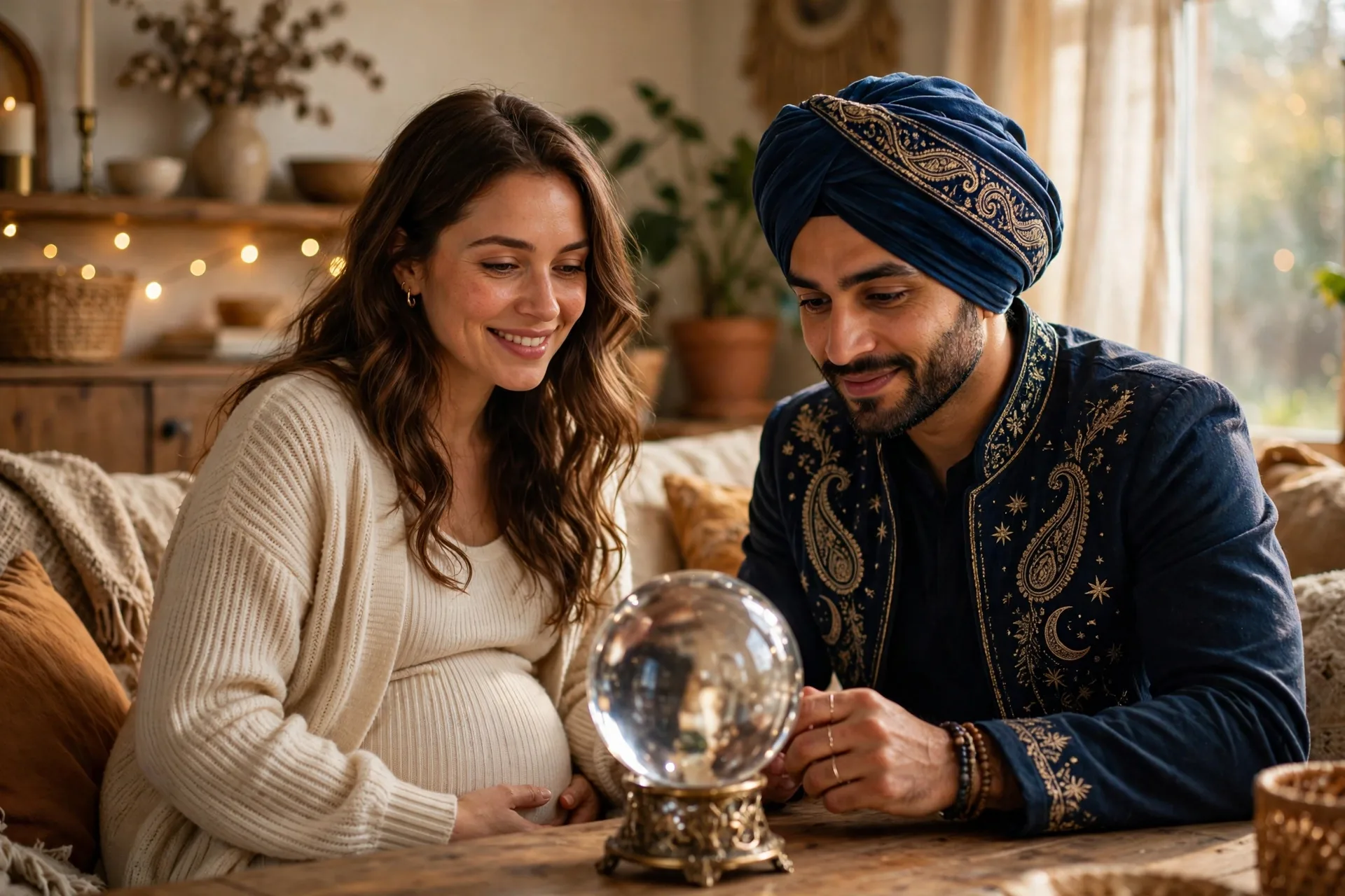 A pregnant woman as a crystal ball with her partner dressed as a mind reader with a turban