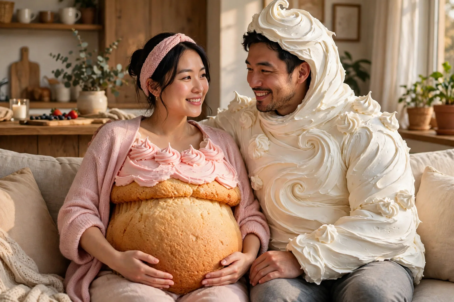 A pregnant woman as a cupcake with her partner dressed as a swirl of frosting