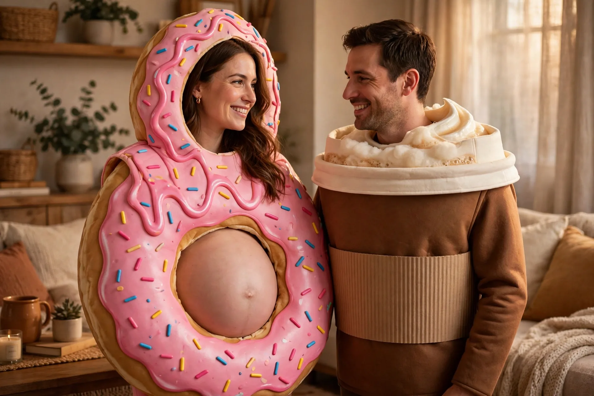 A pregnant woman as a frosted donut with her partner dressed as a cup of coffee