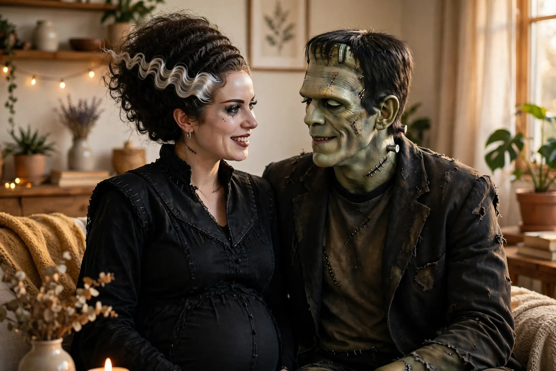 A pregnant woman as the Bride of Frankenstein with her partner as Frankenstein's monster