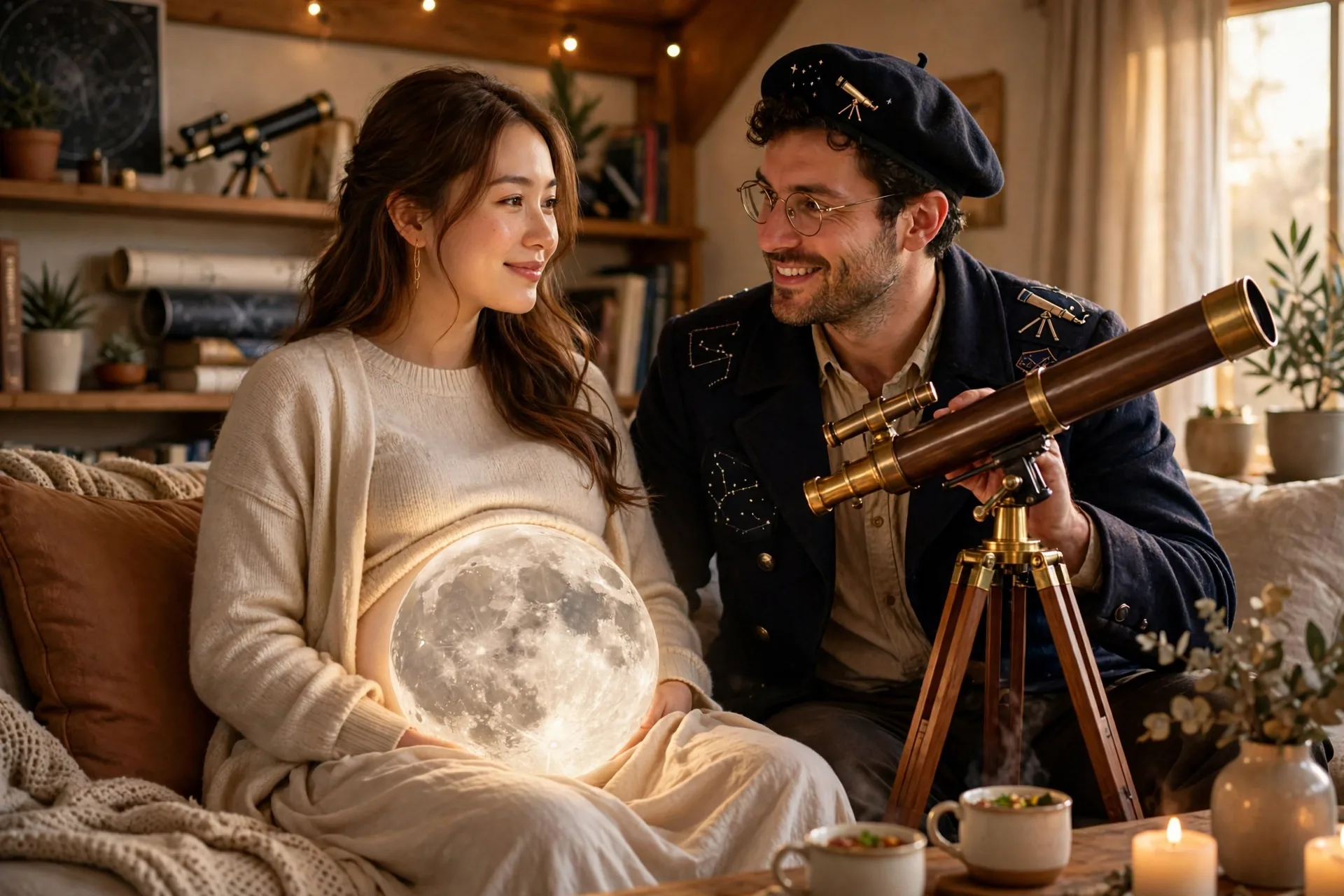 A pregnant woman as a full moon with her partner dressed as an astronomer with a telescope
