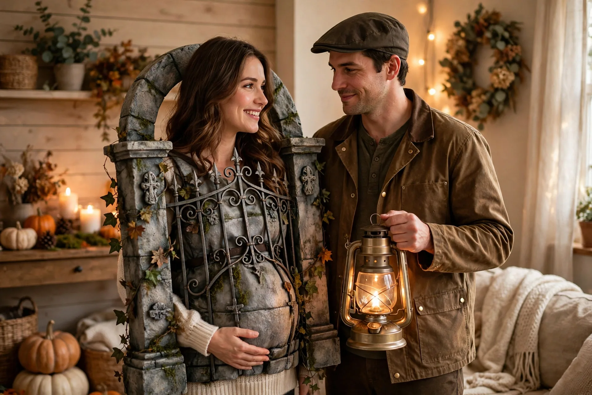 A pregnant woman as a graveyard gate with her partner dressed as a caretaker with a lantern