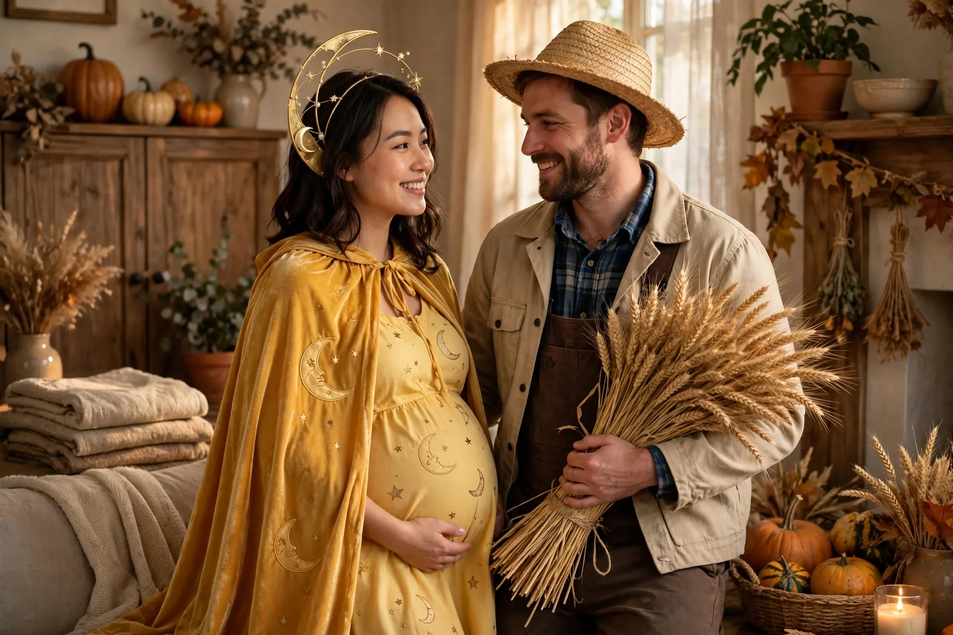 A pregnant woman as a harvest moon with her partner dressed as a harvester with a wheat sheaf