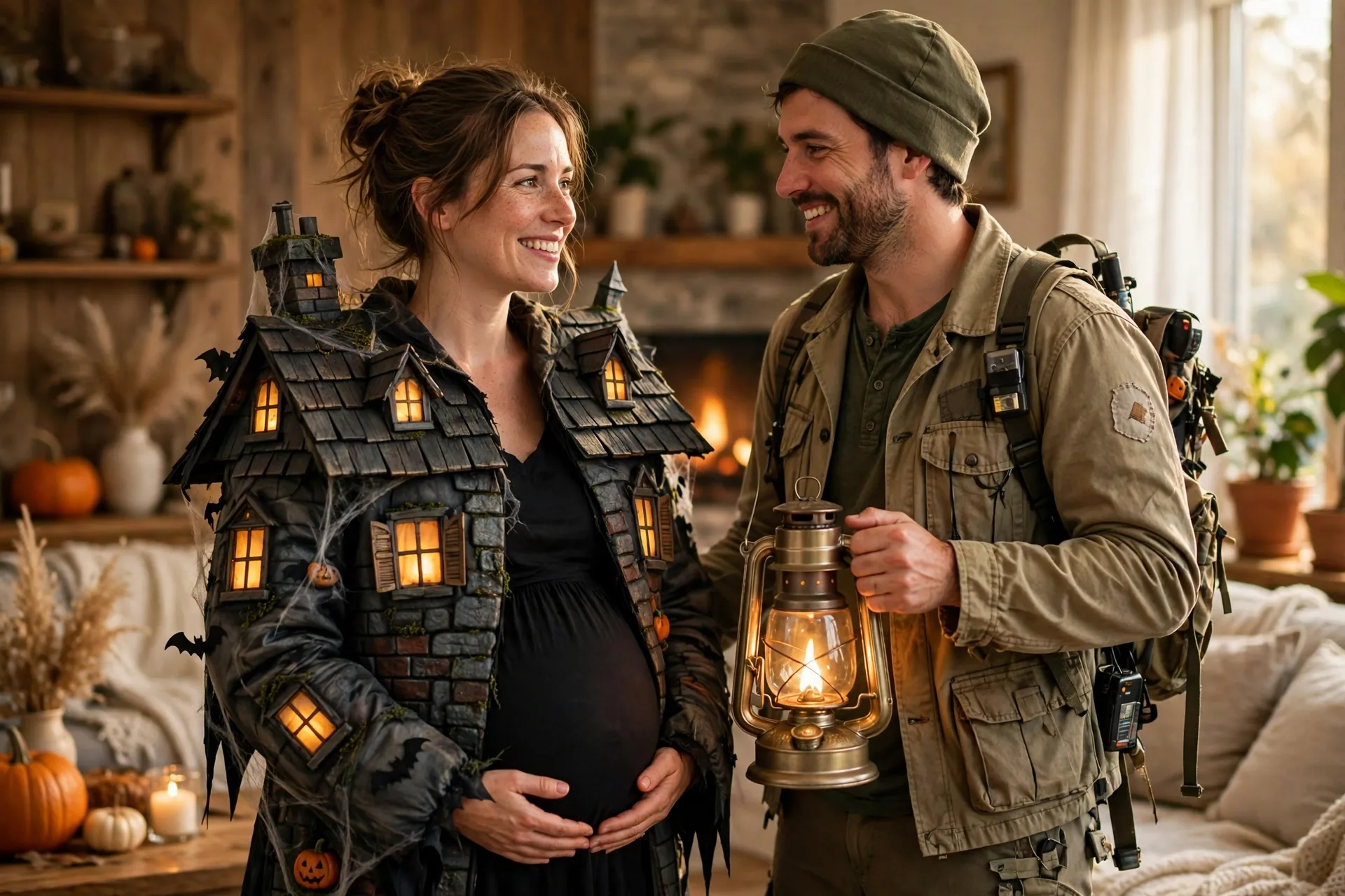 A pregnant woman as a haunted house with her partner dressed as a ghost hunter with a lantern