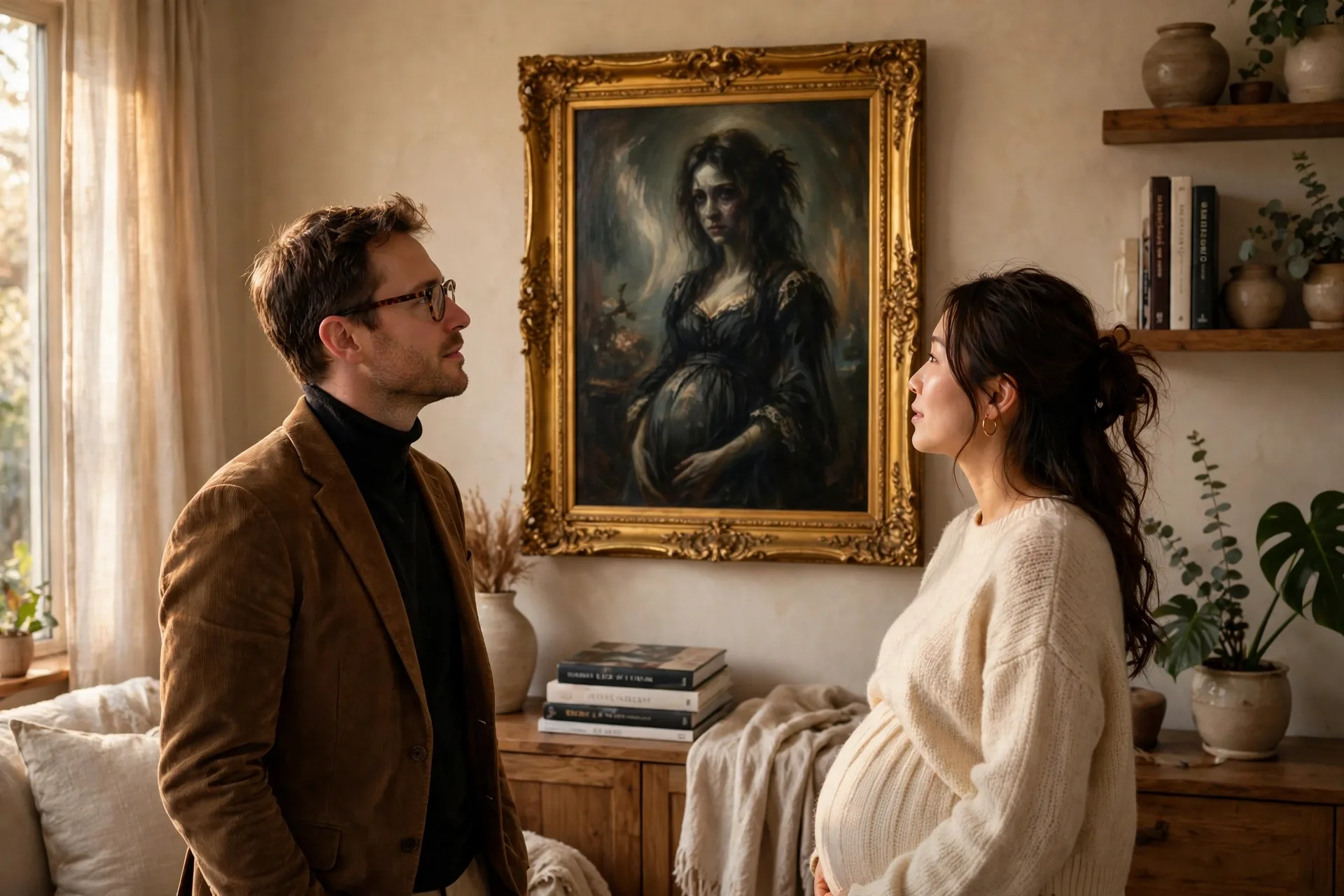 A pregnant woman as a haunted portrait in a gold frame with her partner as an art collector