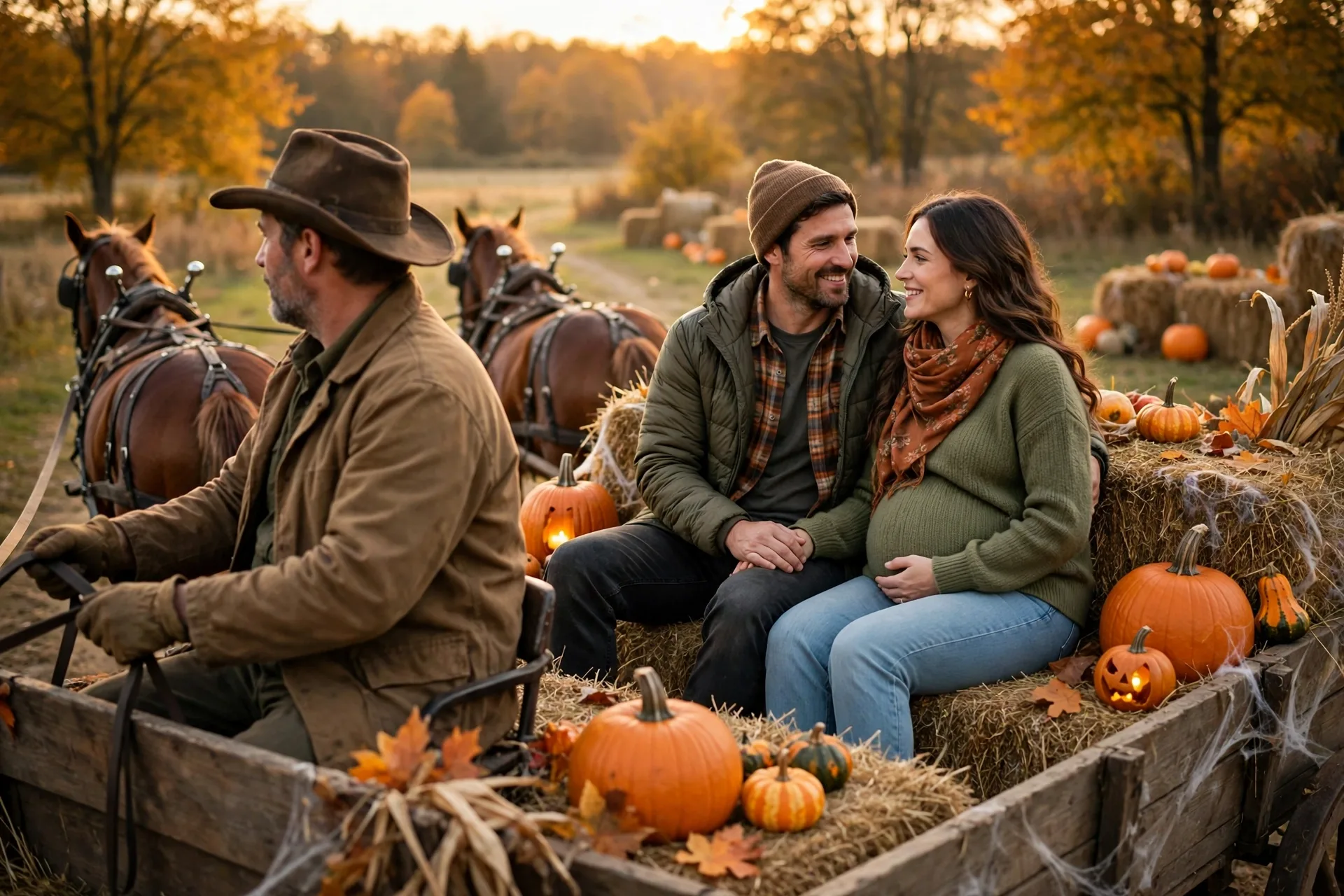 A pregnant couple on a haunted hayride with hay bales, pumpkins, and a driver holding the reins