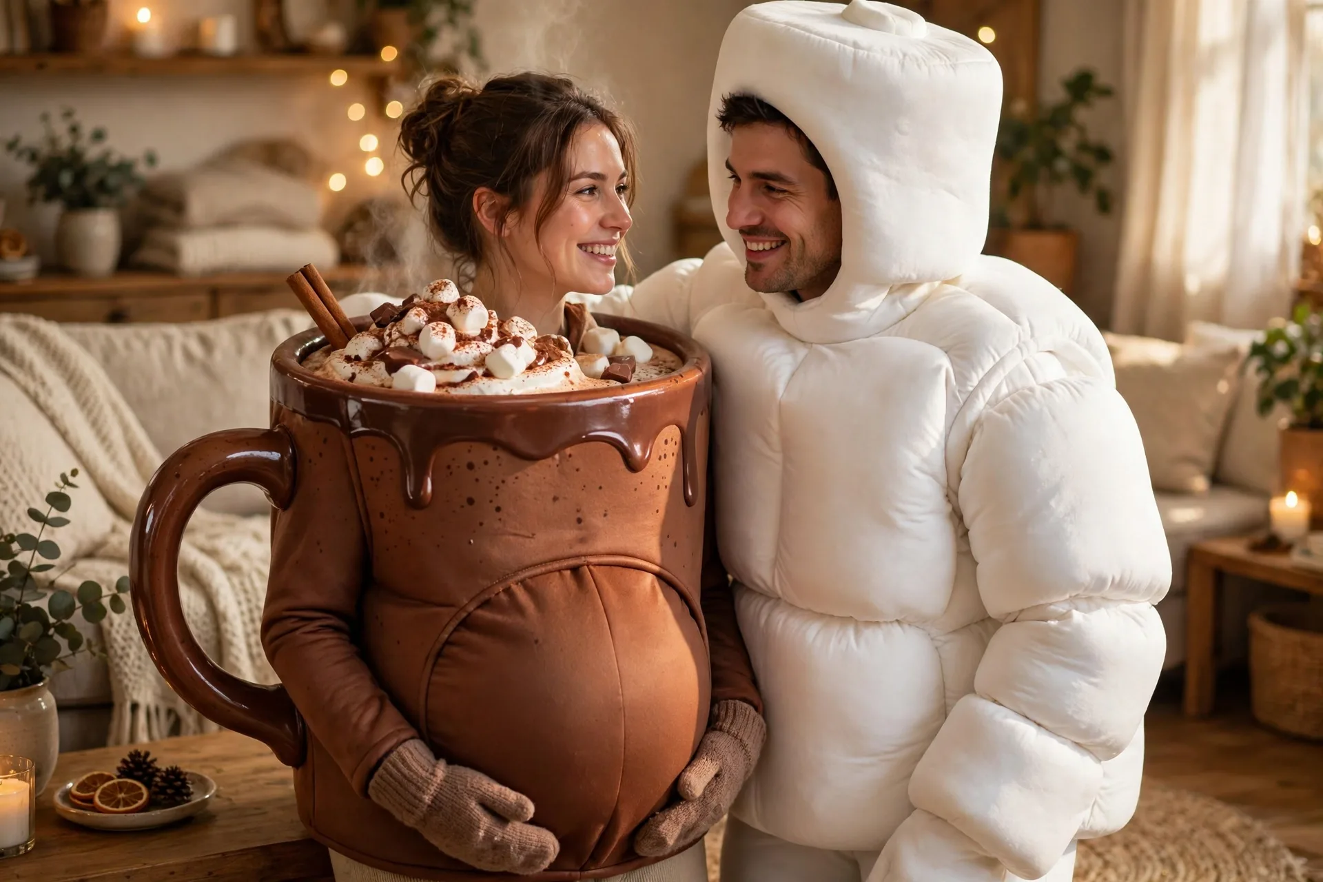 A pregnant woman as a mug of hot cocoa with her partner dressed as a giant marshmallow