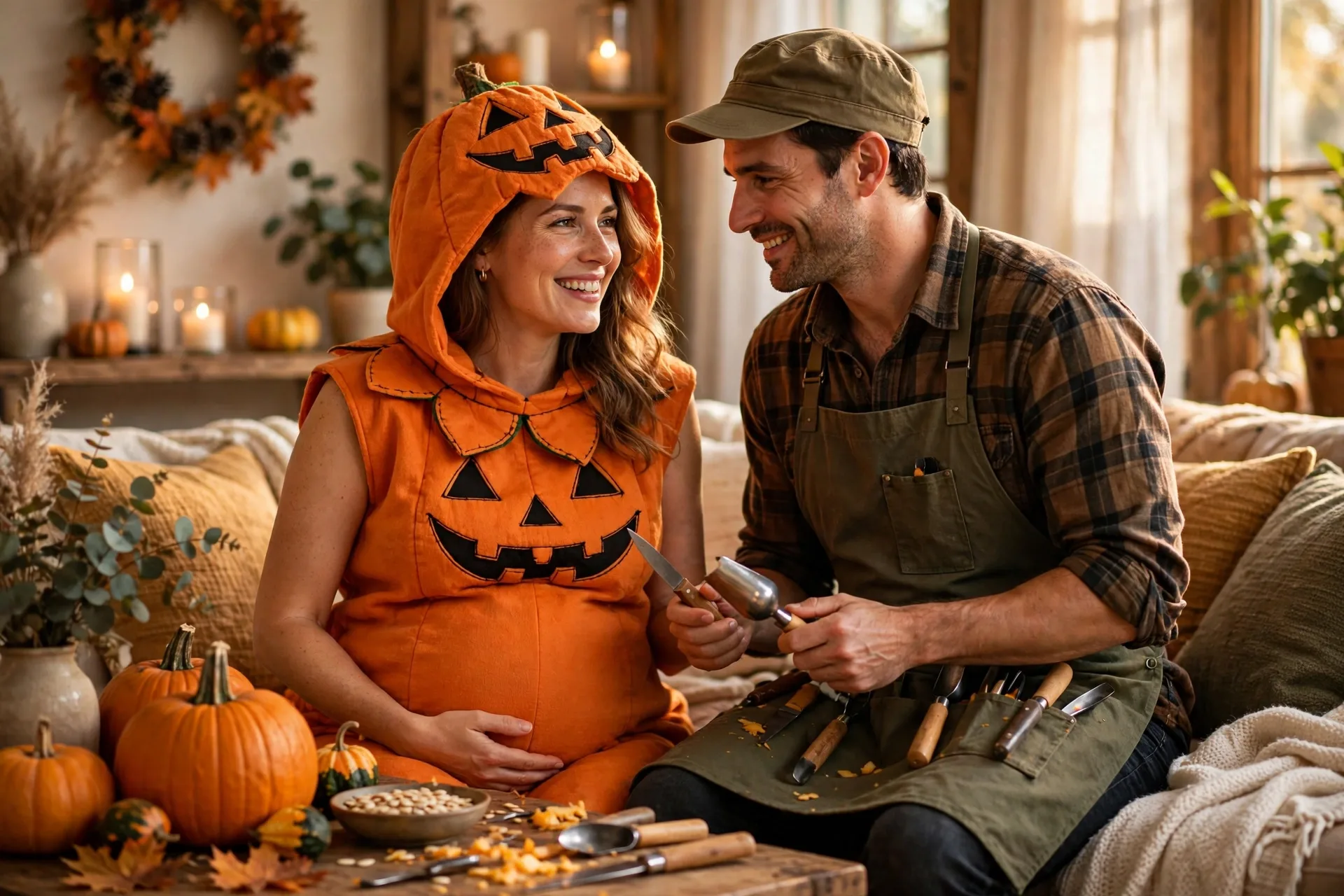 A pregnant woman as a jack-o-lantern with her partner dressed as a pumpkin carver holding carving tools