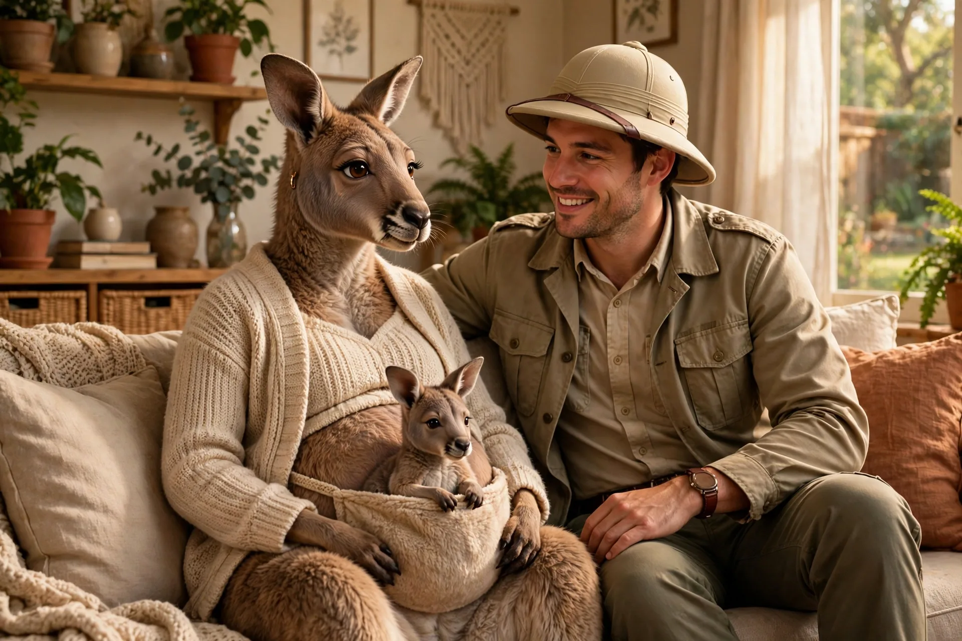 A pregnant woman as a kangaroo with a joey pouch and her partner as a safari guide