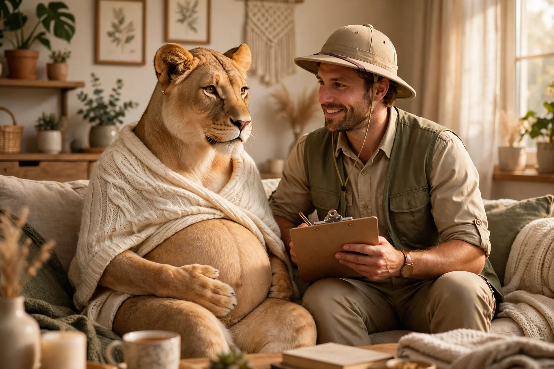 A pregnant woman as a lion with her partner dressed as a zookeeper with a hat and a clipboard