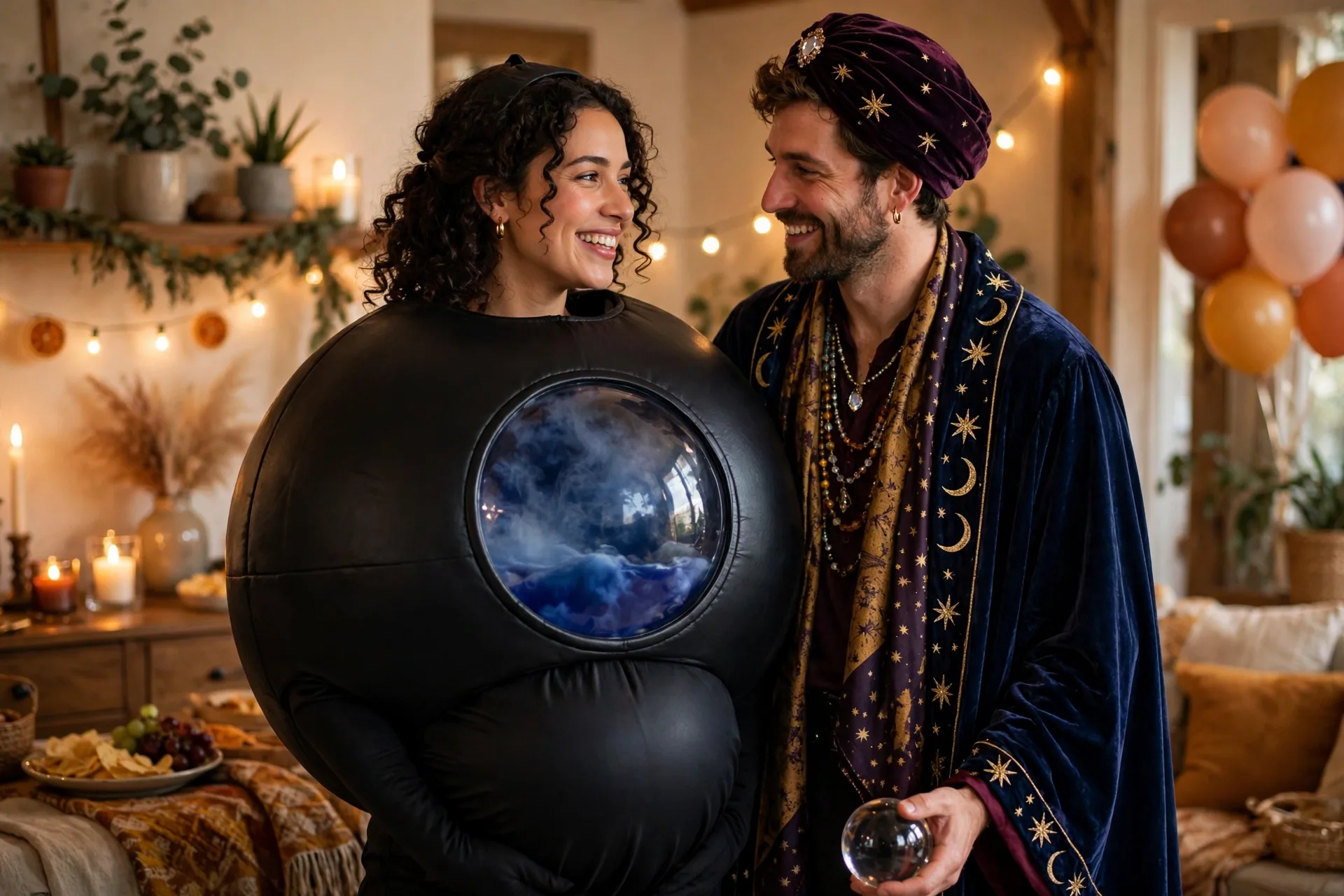 A pregnant woman as a Magic 8 Ball with her partner dressed as a fortune teller at a party