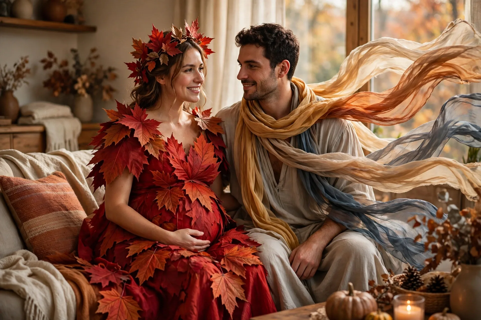 A pregnant woman as a red maple leaf with her partner dressed as the autumn wind in flowing scarves