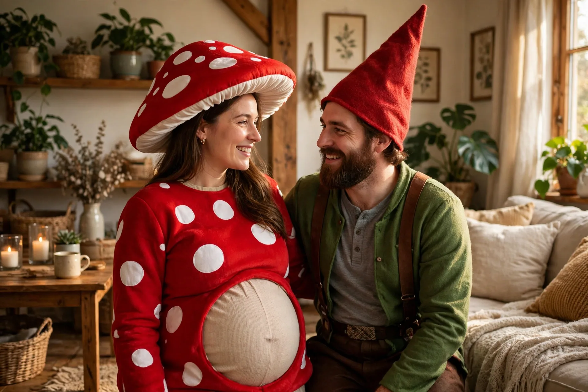A pregnant woman as a red mushroom with her partner dressed as a garden gnome with a tall hat