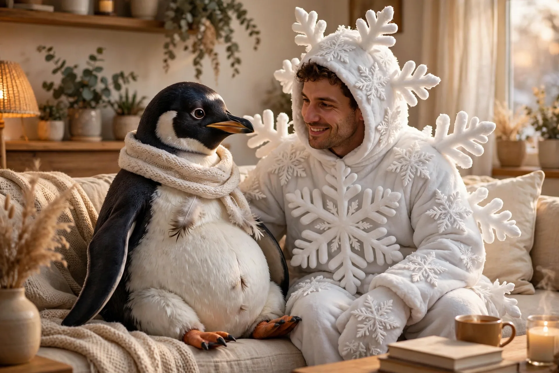 A pregnant woman as a penguin with her partner dressed as a giant snowflake