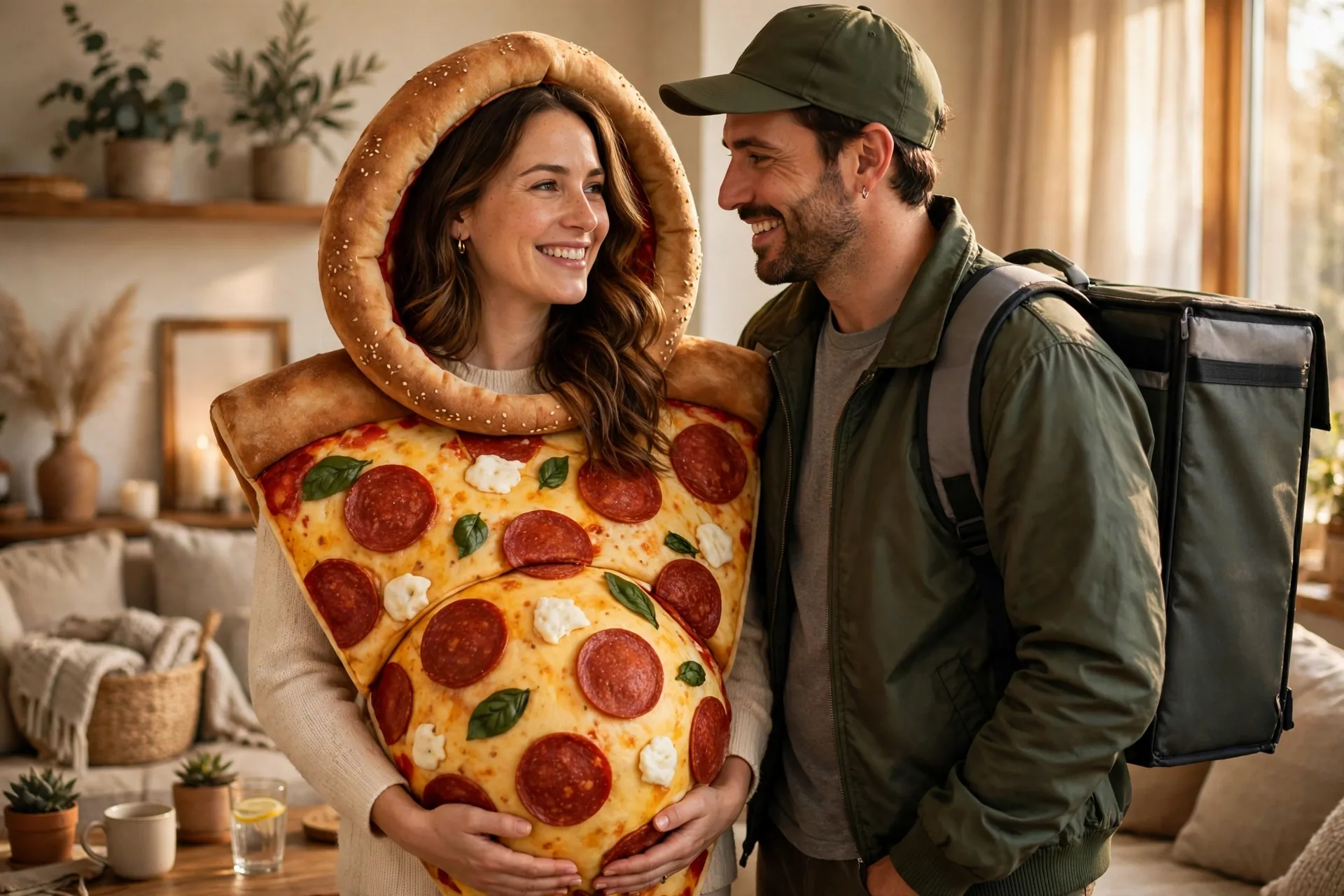 A pregnant woman as a pizza slice with her partner dressed as a pizza delivery driver