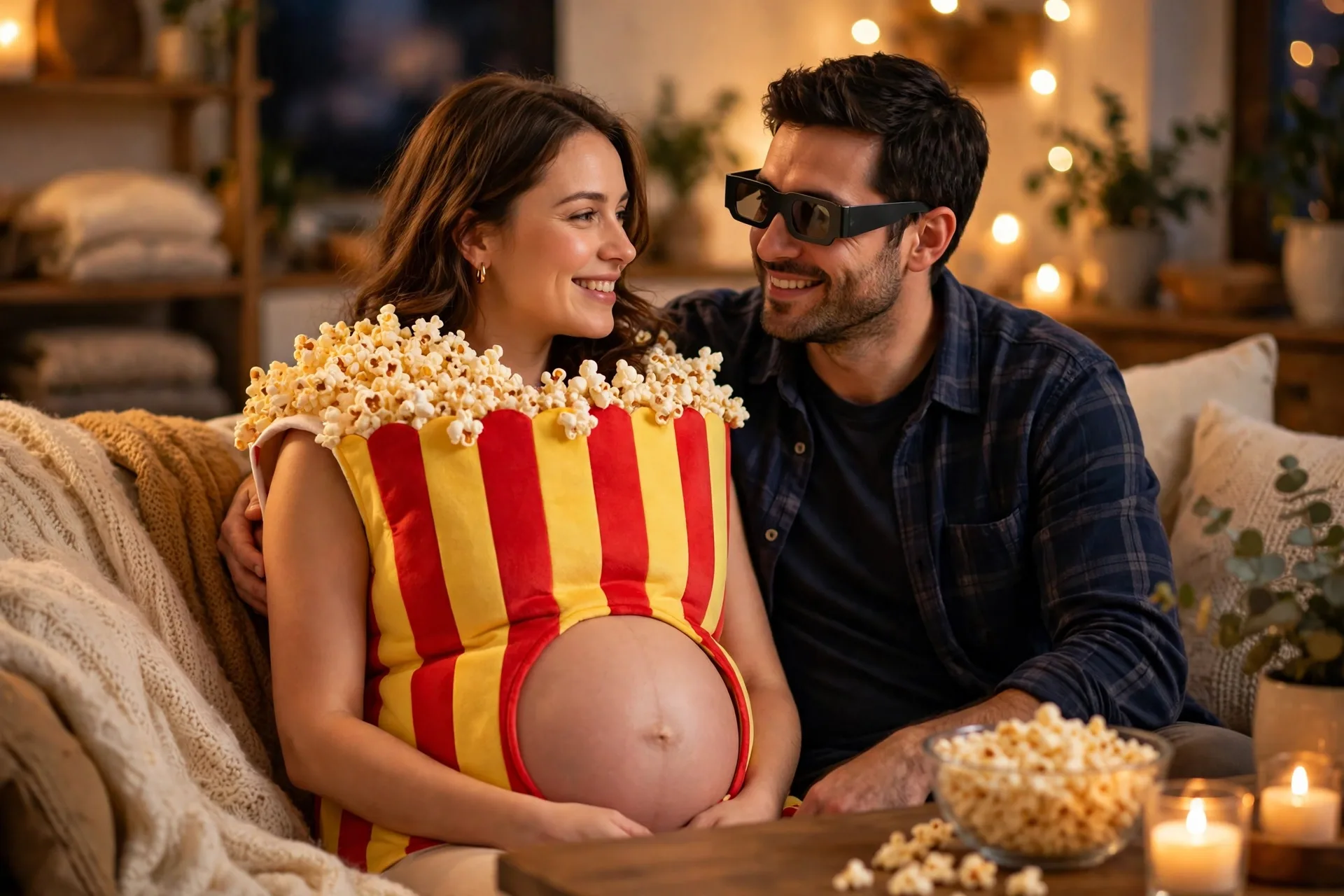 A pregnant woman as a popcorn bucket with her partner dressed for a movie night with 3D glasses