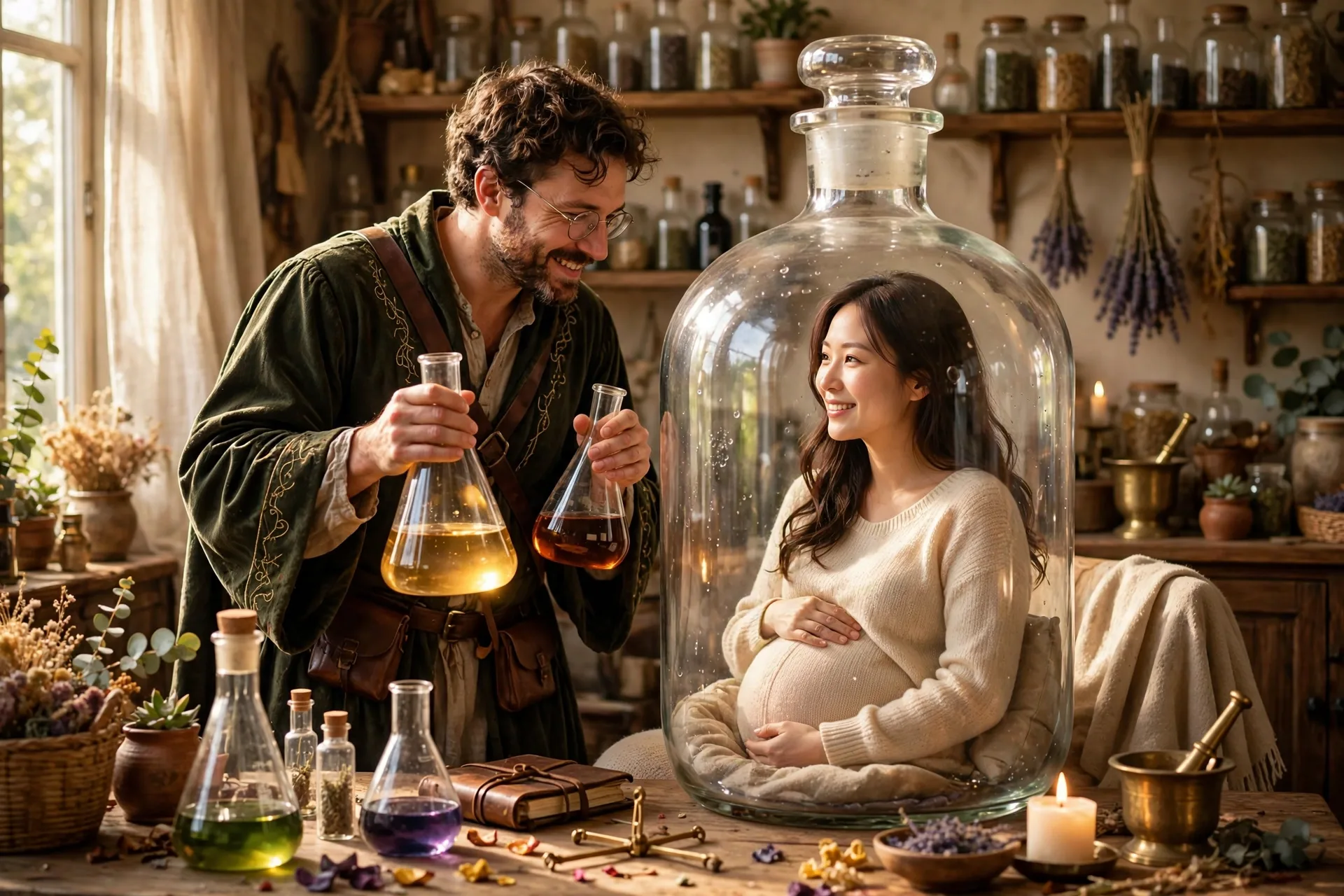 A pregnant woman as a potion bottle with her partner dressed as an alchemist with flasks