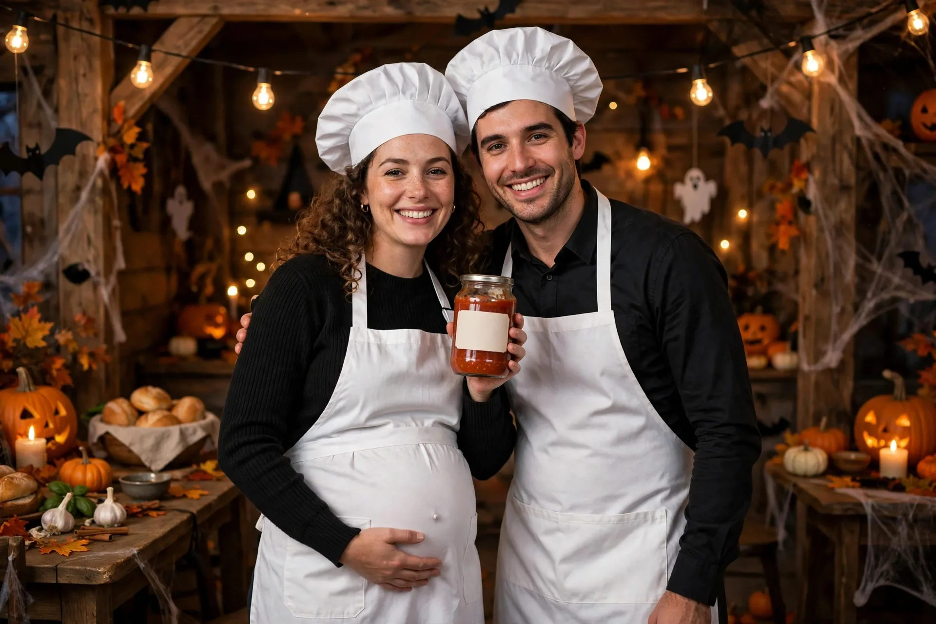 A pregnant woman and her partner dressed as chefs, holding a jar of pasta sauce at a Halloween party