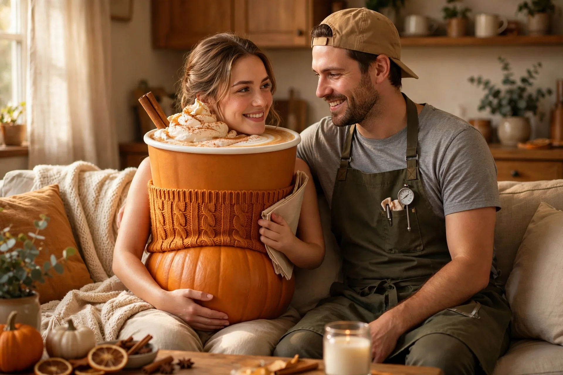 A pregnant woman as a pumpkin spice latte cup with her partner dressed as a barista with an apron