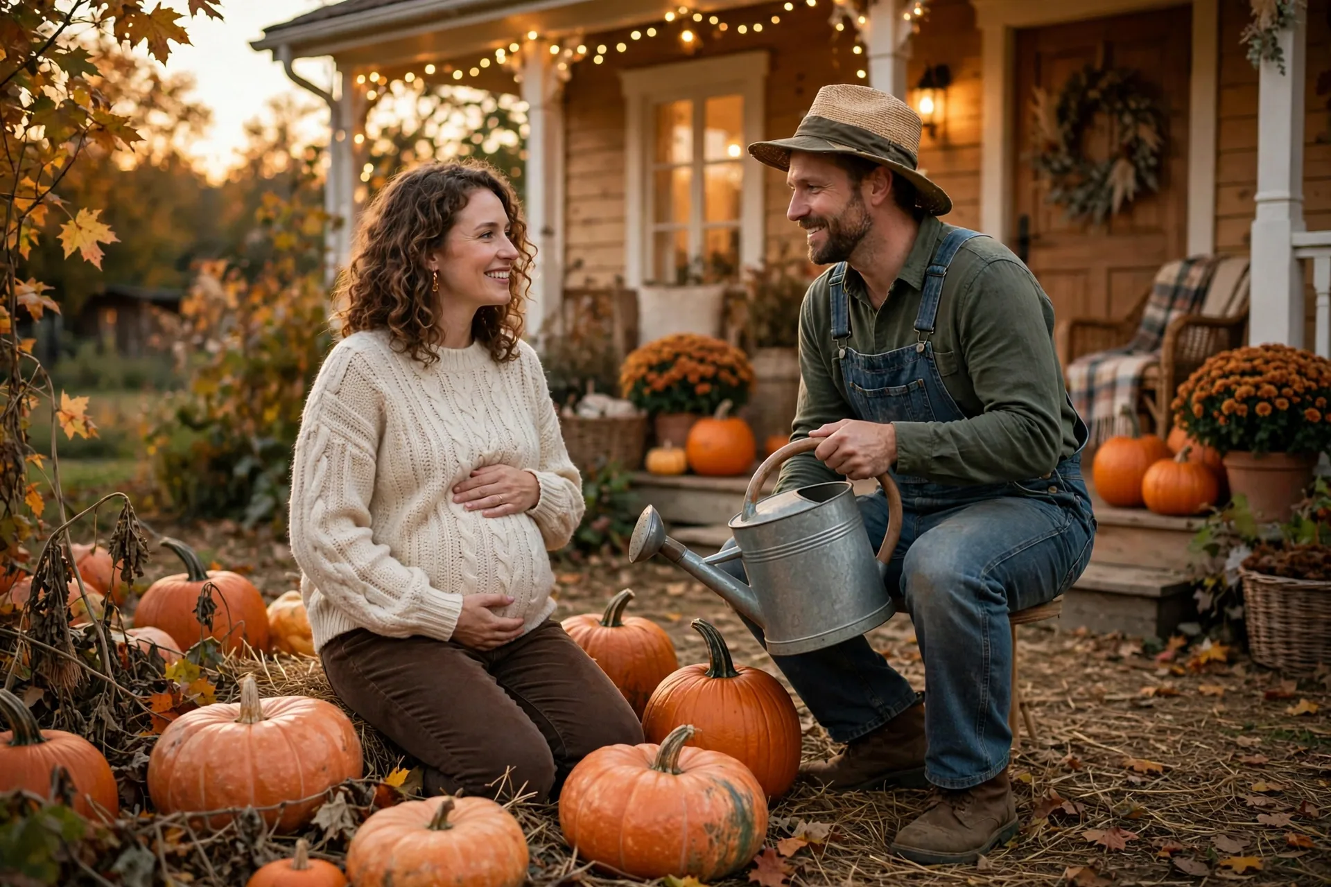 A pregnant woman as a pumpkin patch with her partner dressed as a gardener with a watering can