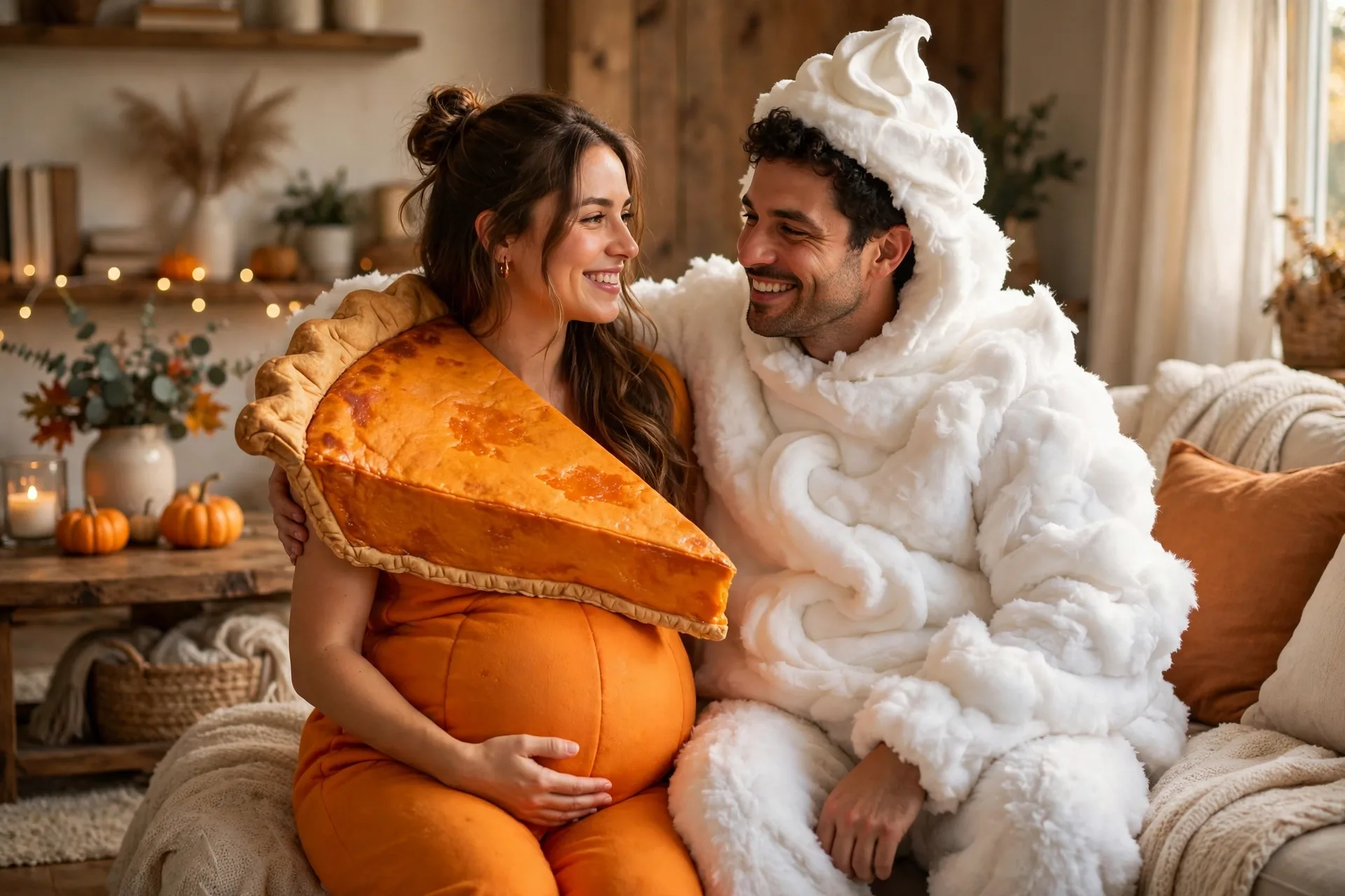 A pregnant woman as a pumpkin pie slice with her partner dressed as a dollop of whipped cream