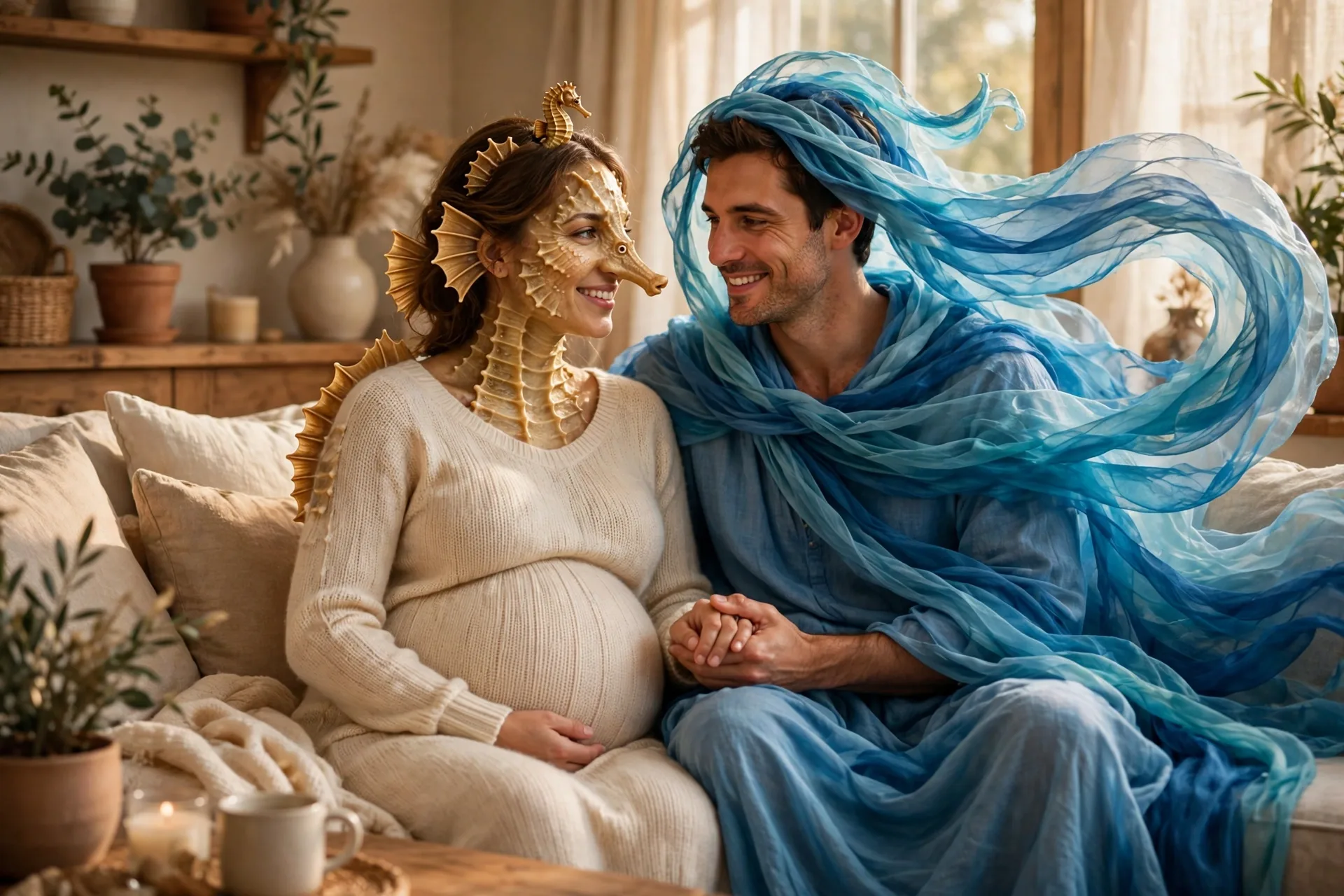 A pregnant woman as a seahorse with her partner dressed as the ocean in flowing blue fabric