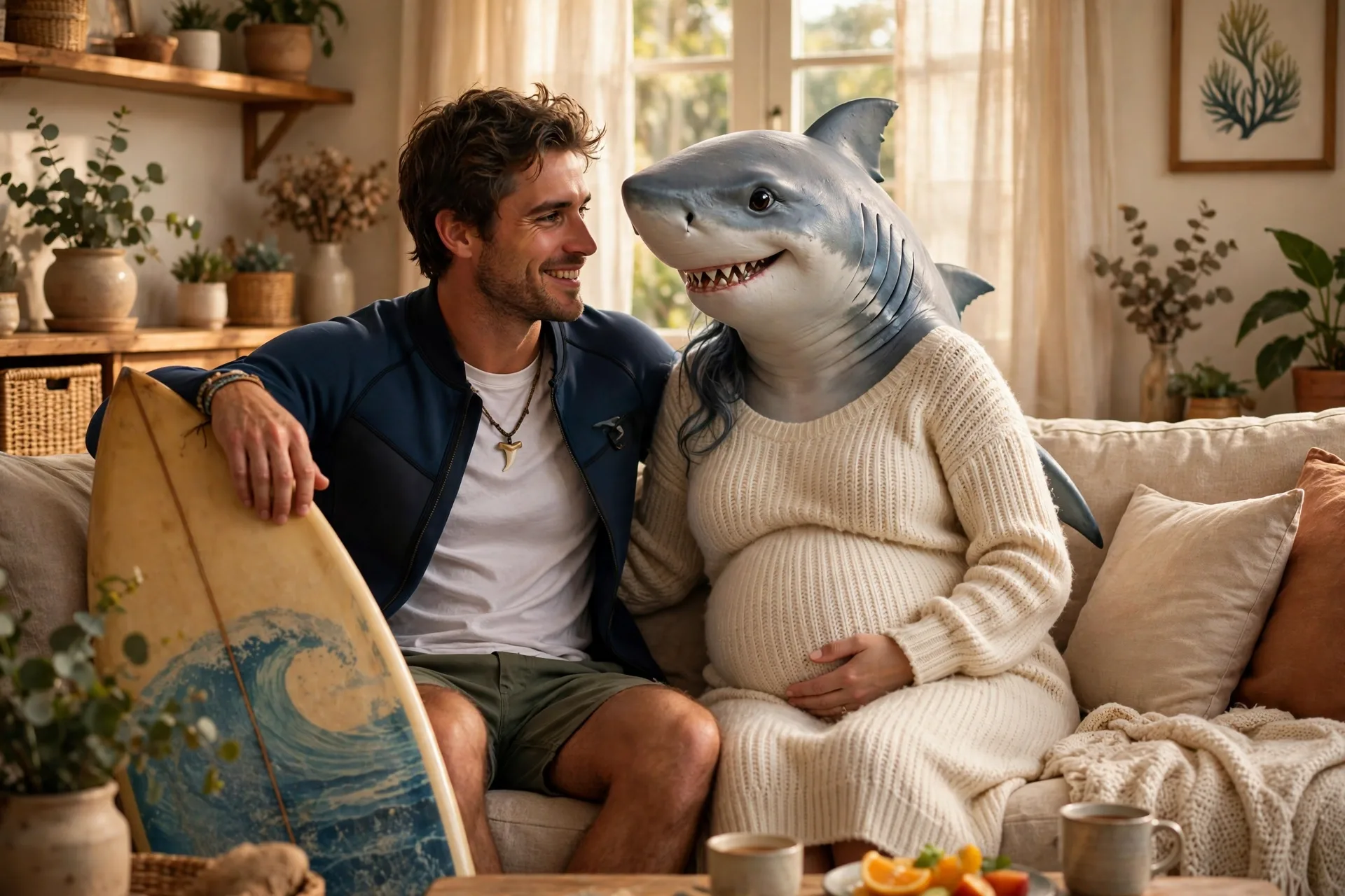 A pregnant woman as a friendly shark with her partner dressed as a surfer with a board