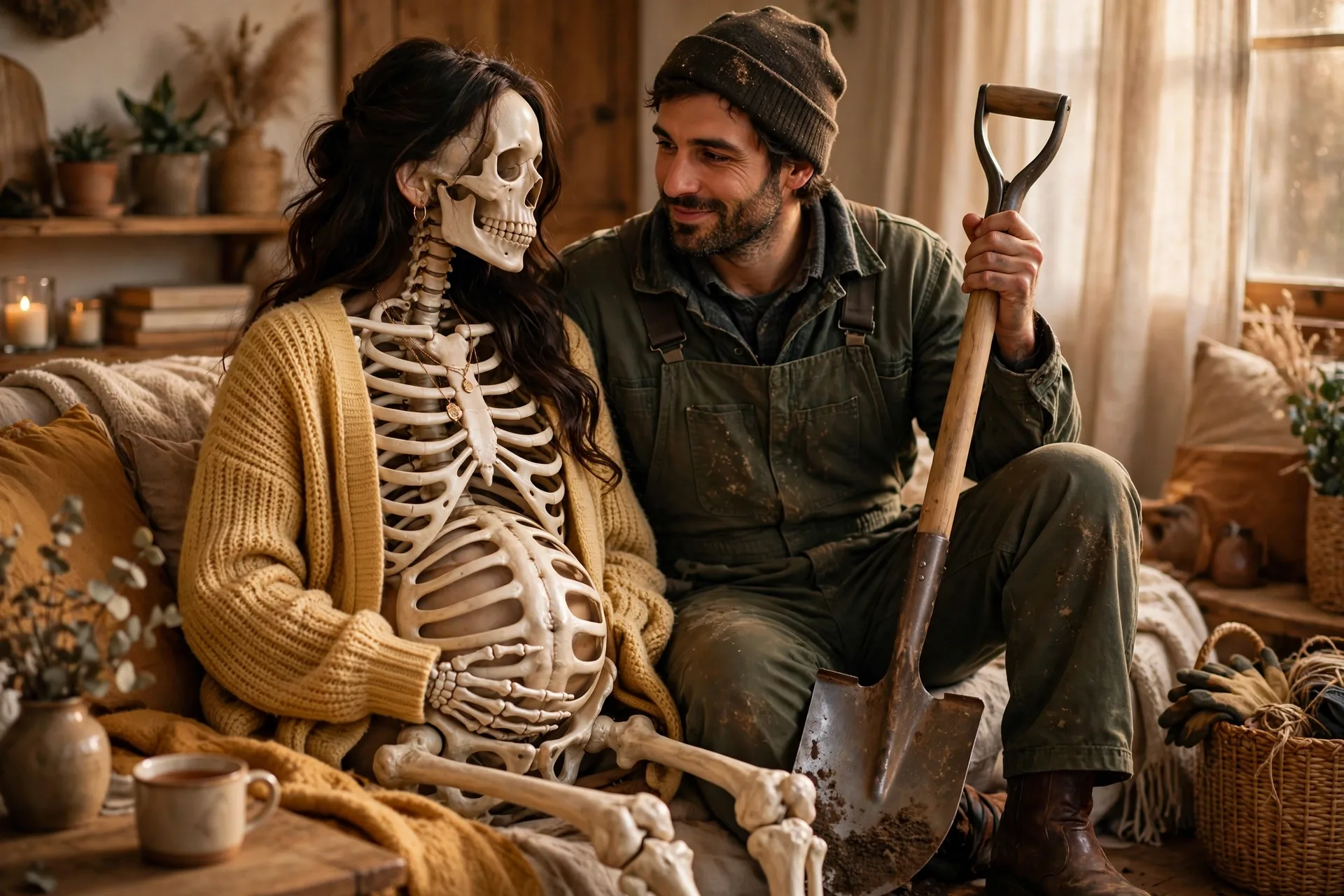 A pregnant woman as a skeleton with her partner dressed as a gravedigger with a shovel