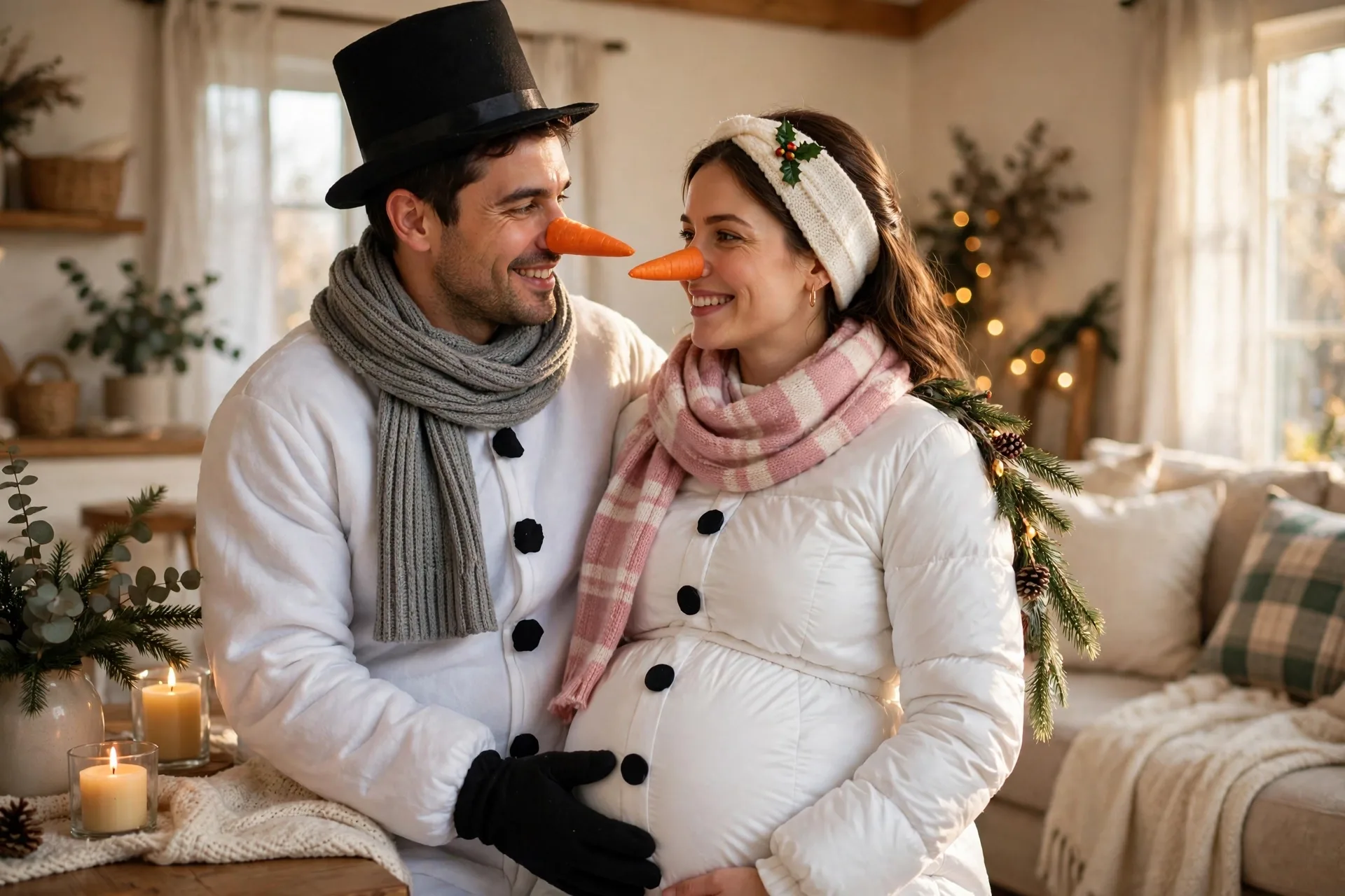 A pregnant couple dressed as a snowman and a snowwoman with carrot noses and scarves