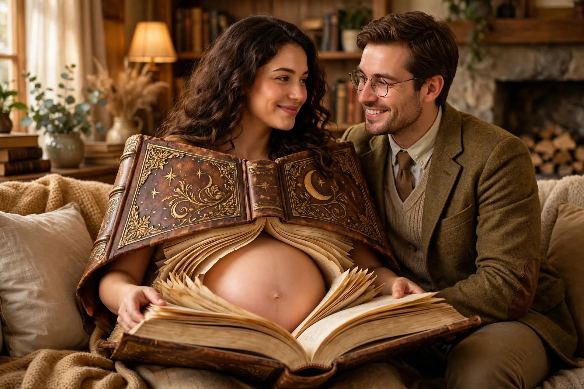 A pregnant woman as a giant spell book with her partner dressed as a librarian with glasses